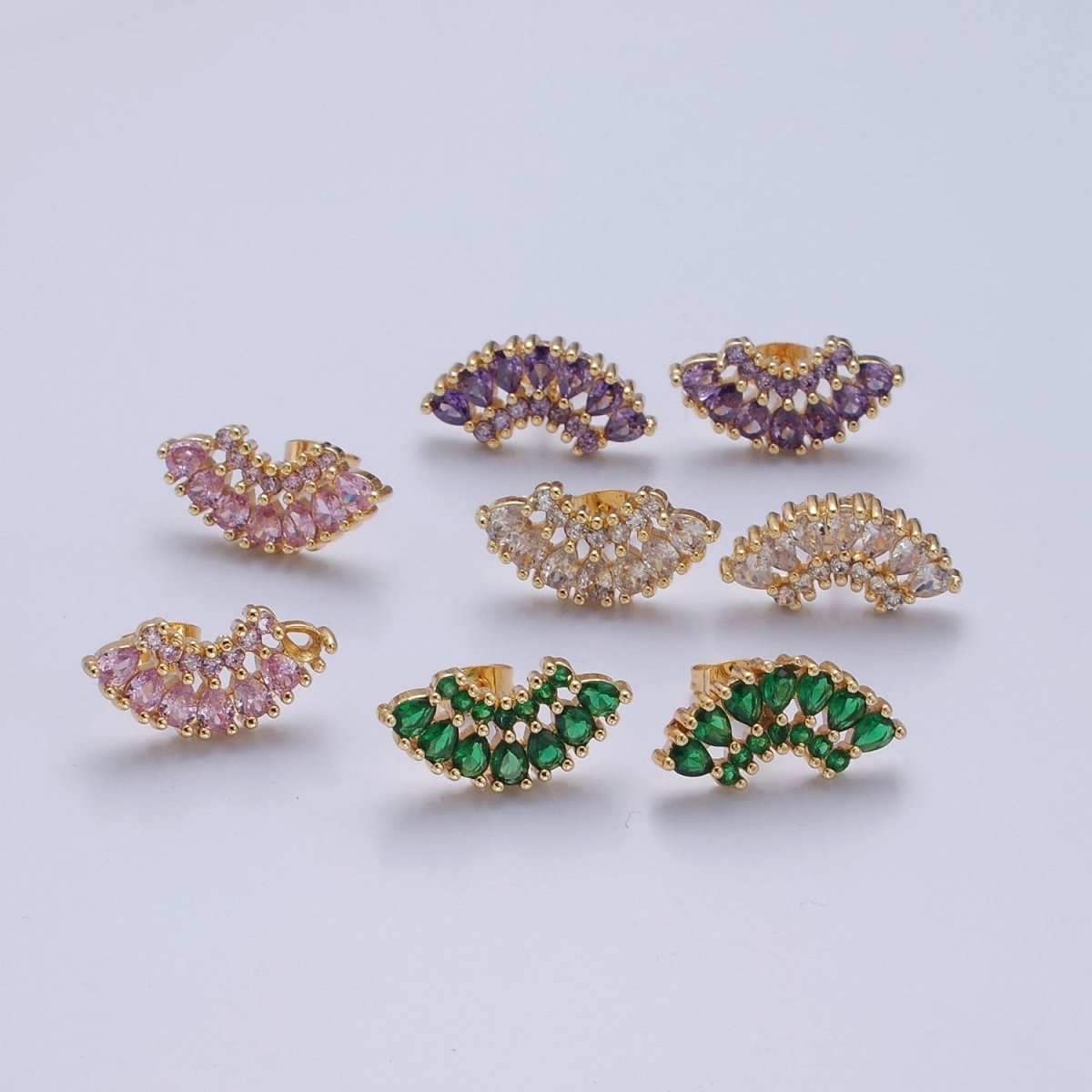 24K Gold Filled Clear, Green, Pink, Purple Teardrop CZ Fan Lined Stud Earrings | T-425~ T-427