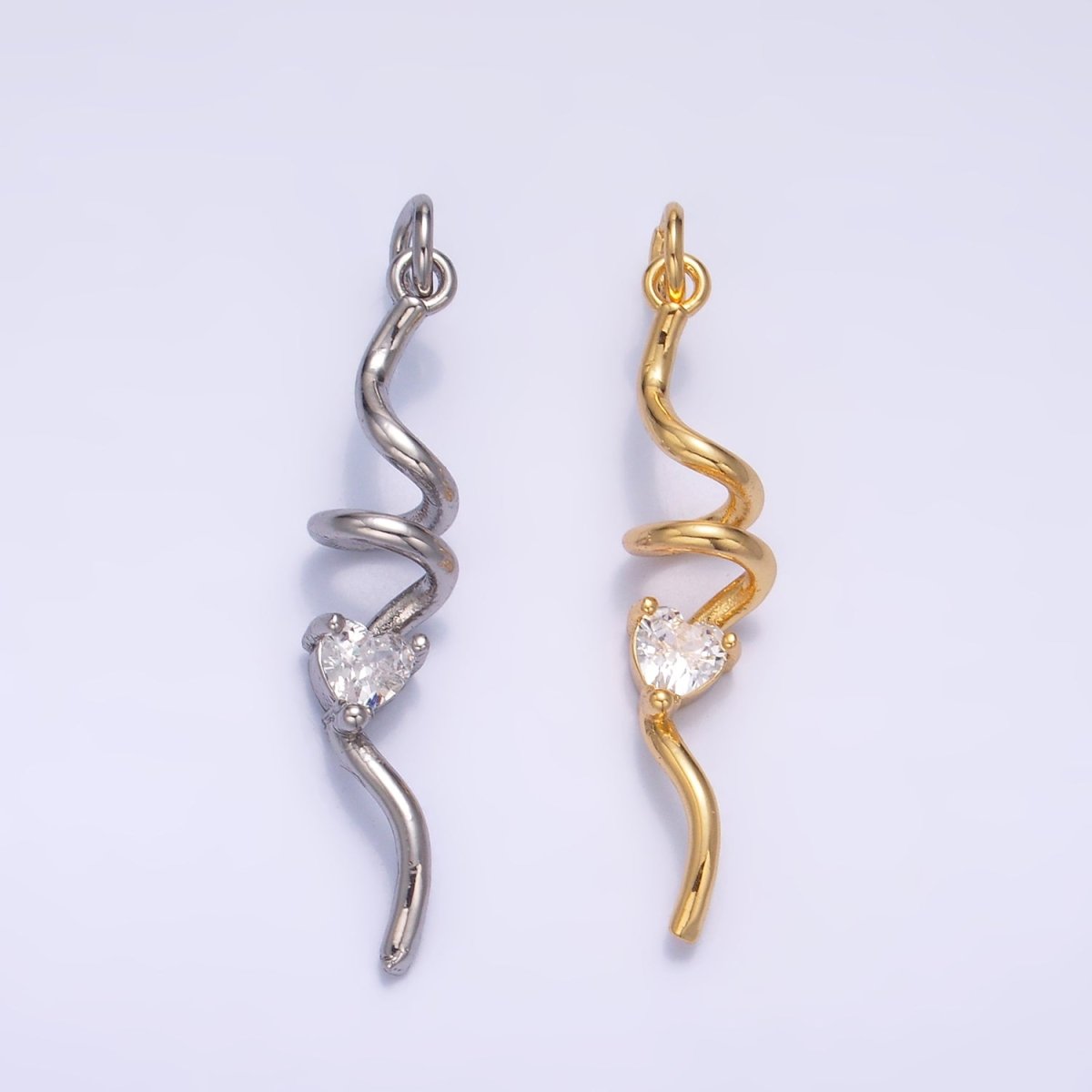 24K Gold Filled Clear Heart CZ Curled Bar Geometric Charm in Gold & Silver | W213