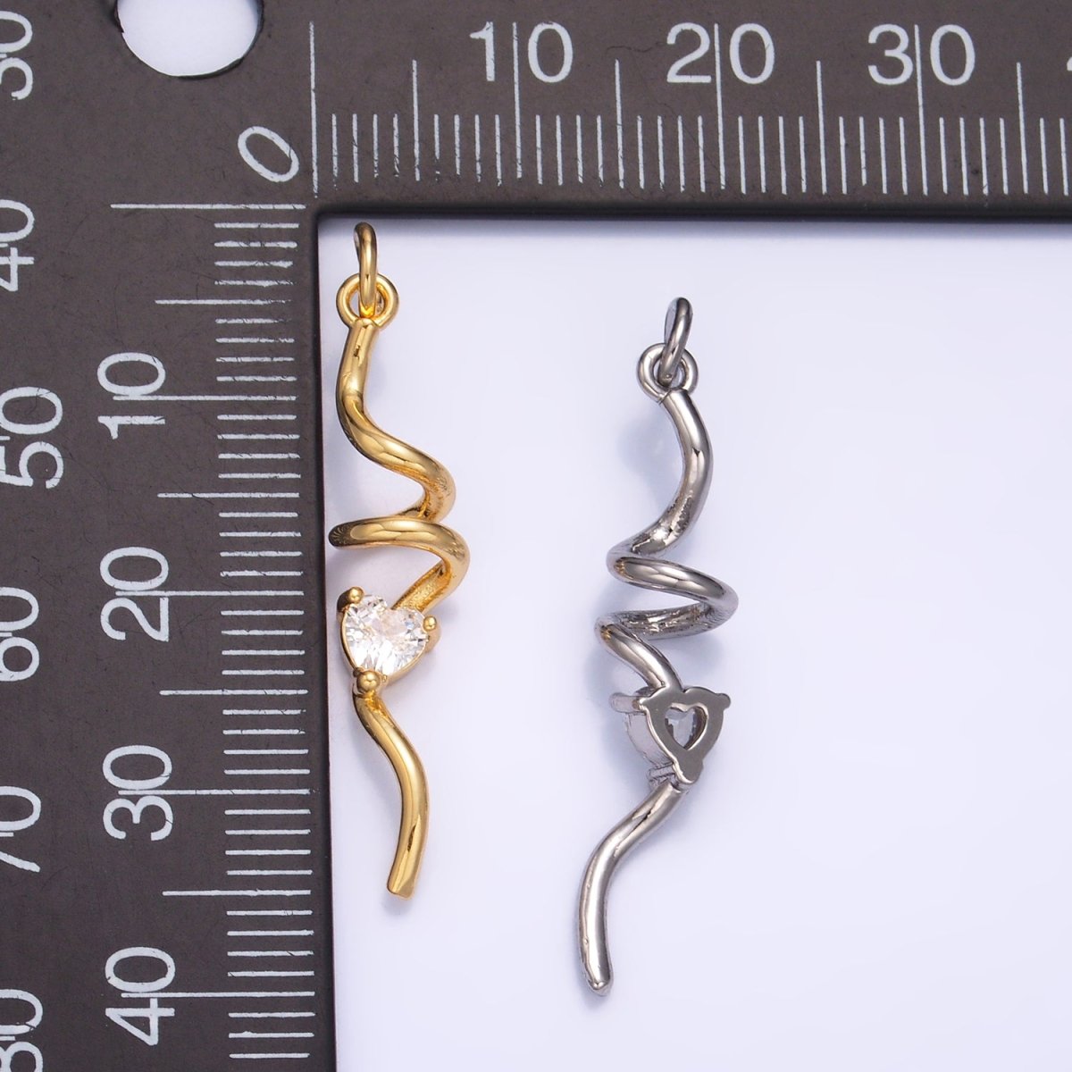 24K Gold Filled Clear Heart CZ Curled Bar Geometric Charm in Gold & Silver | W213
