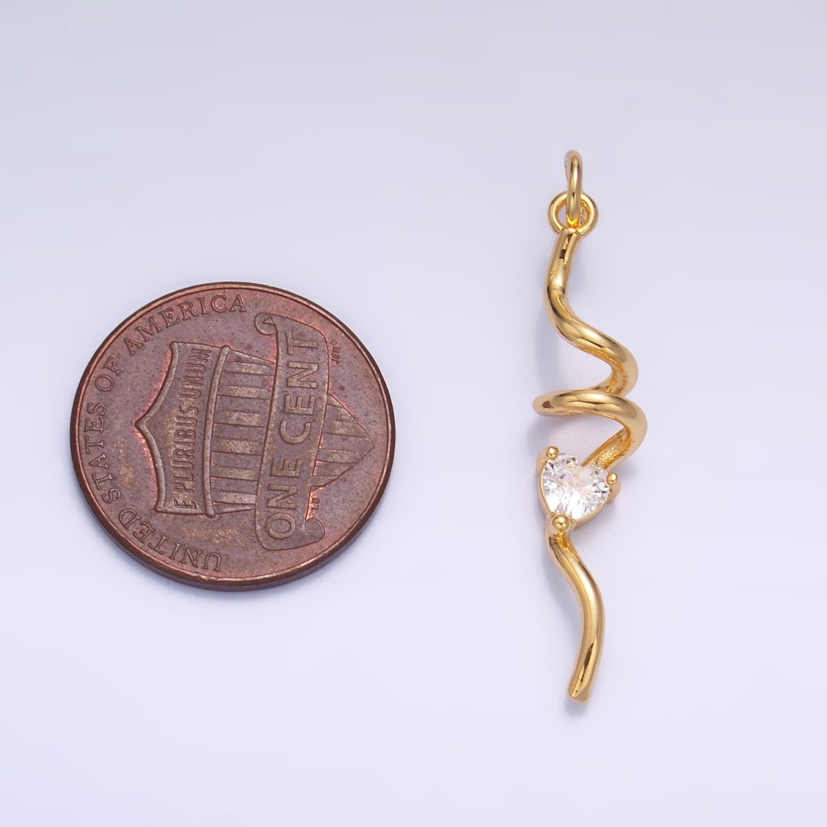 24K Gold Filled Clear Heart CZ Curled Bar Geometric Charm in Gold & Silver | W213