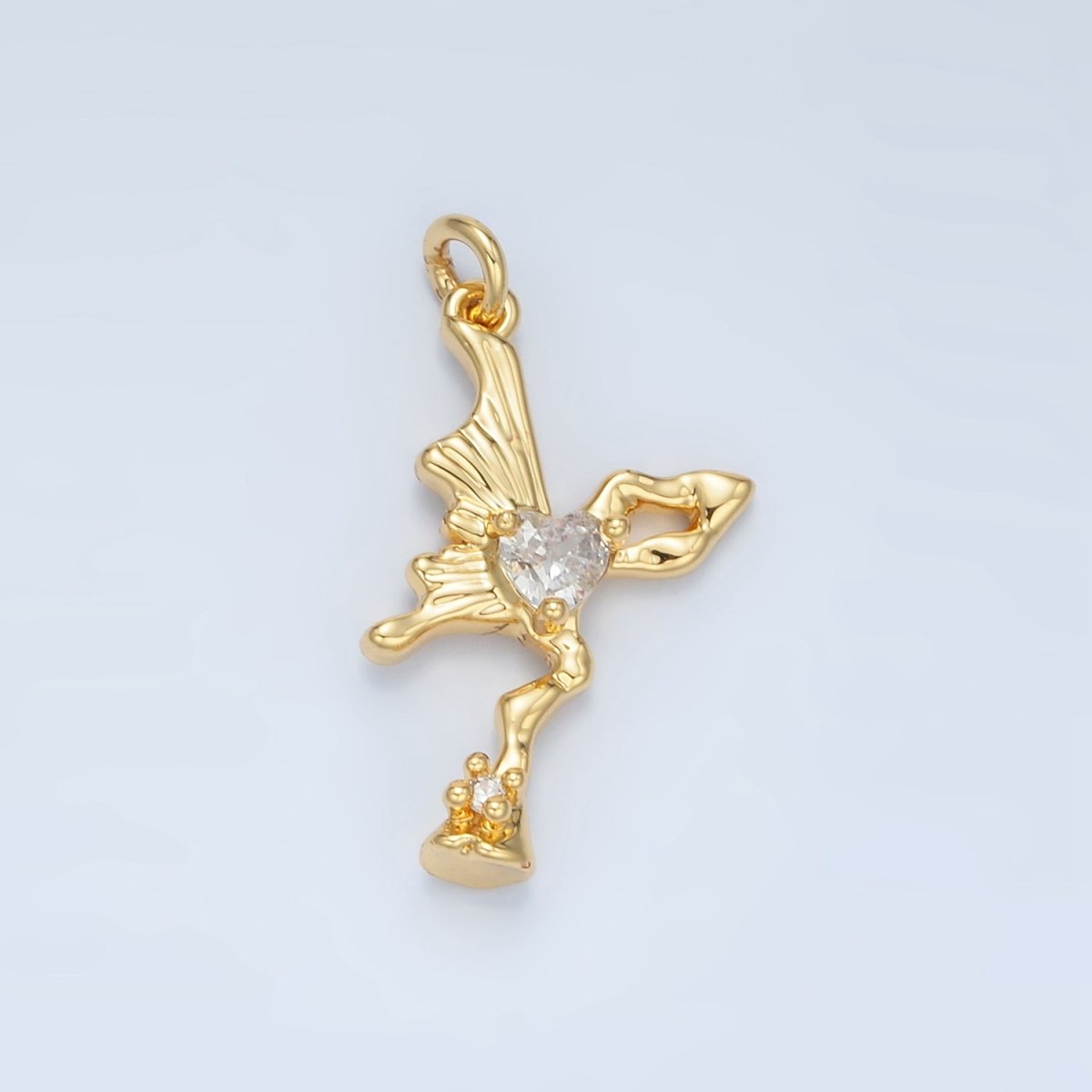 24K Gold Filled Clear Heart CZ Molten Butterfly Wings Charm in Gold & Silver | E385