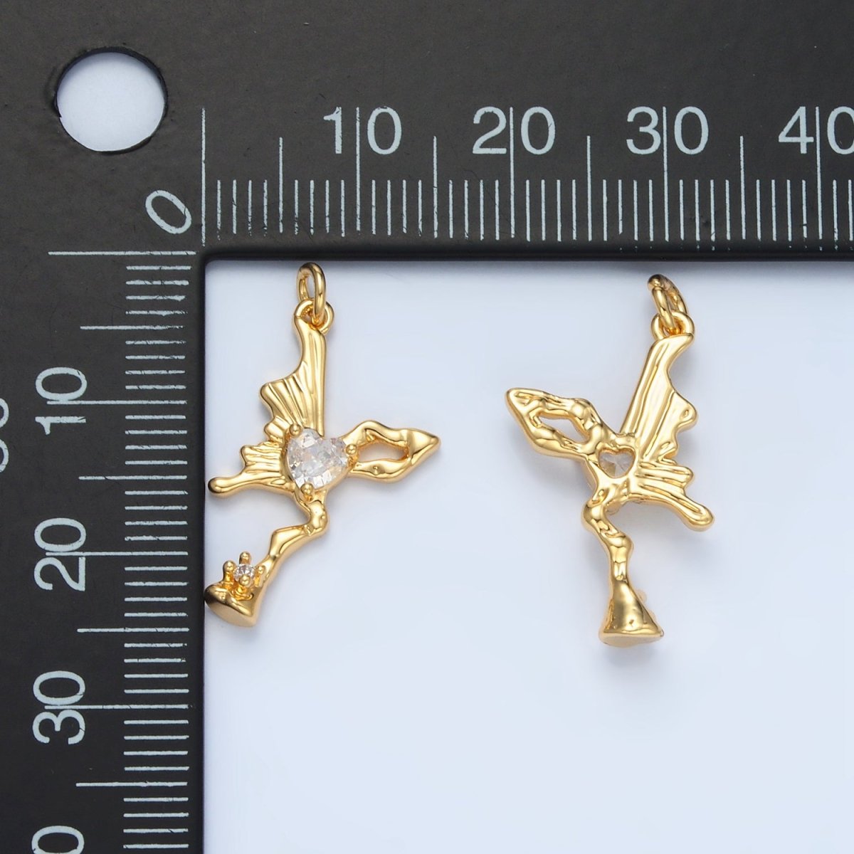 24K Gold Filled Clear Heart CZ Molten Butterfly Wings Charm in Gold & Silver | E385