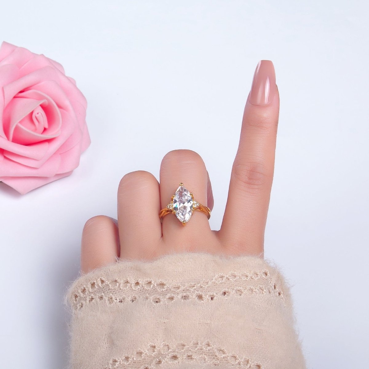 24K Gold Filled Clear Marquise CZ Micro Paved Solitaire Ring | O305 - DLUXCA