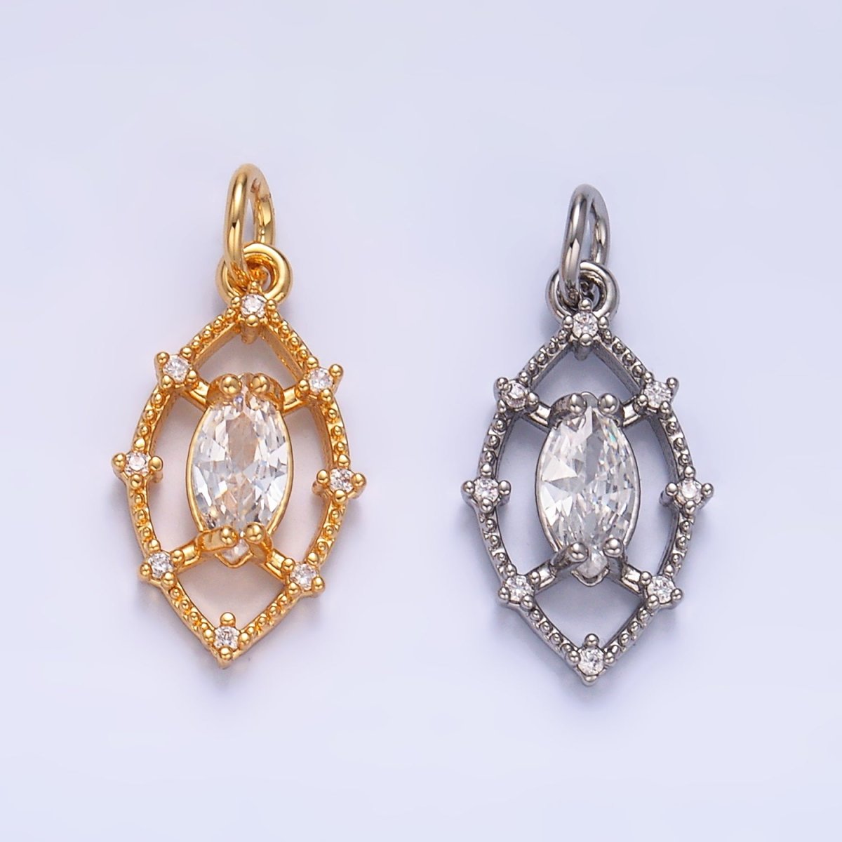 24K Gold Filled Clear Marquise CZ Open Dotted Outline Geometric Charm in Gold & Silver | W417