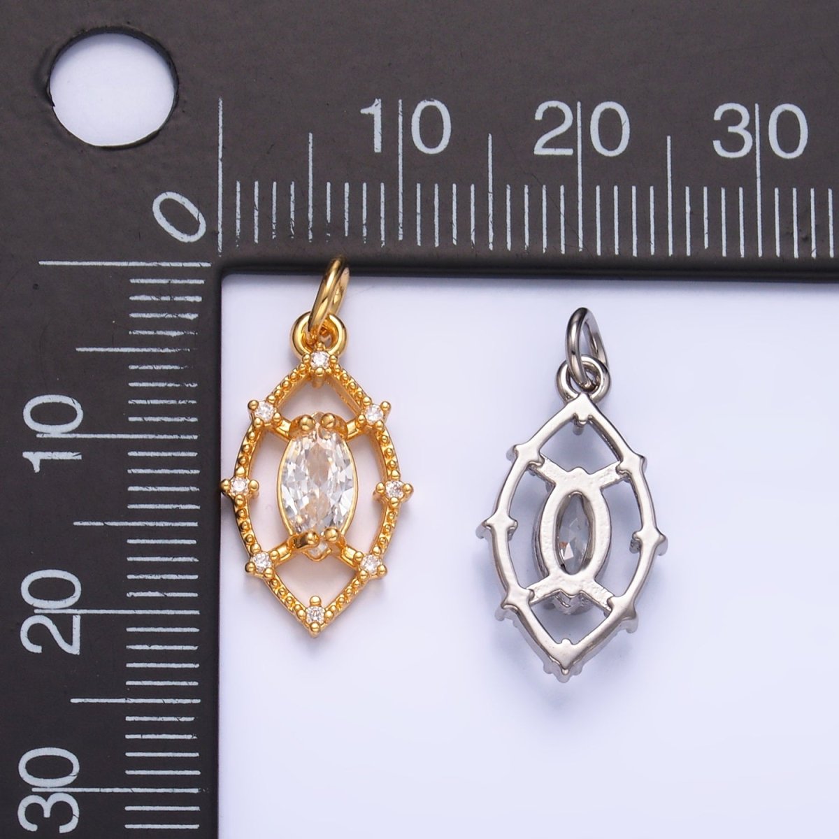 24K Gold Filled Clear Marquise CZ Open Dotted Outline Geometric Charm in Gold & Silver | W417
