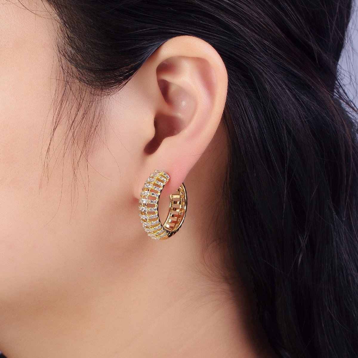 24K Gold Filled Clear Micro Paved Bar 25mm Hoop Earrings | AB337 - DLUXCA