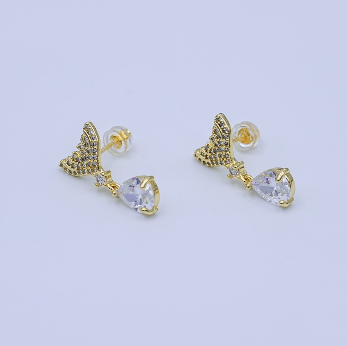 24K Gold Filled Clear Micro Paved CZ Fish Tail Drop Stud Earrings | T477 - DLUXCA