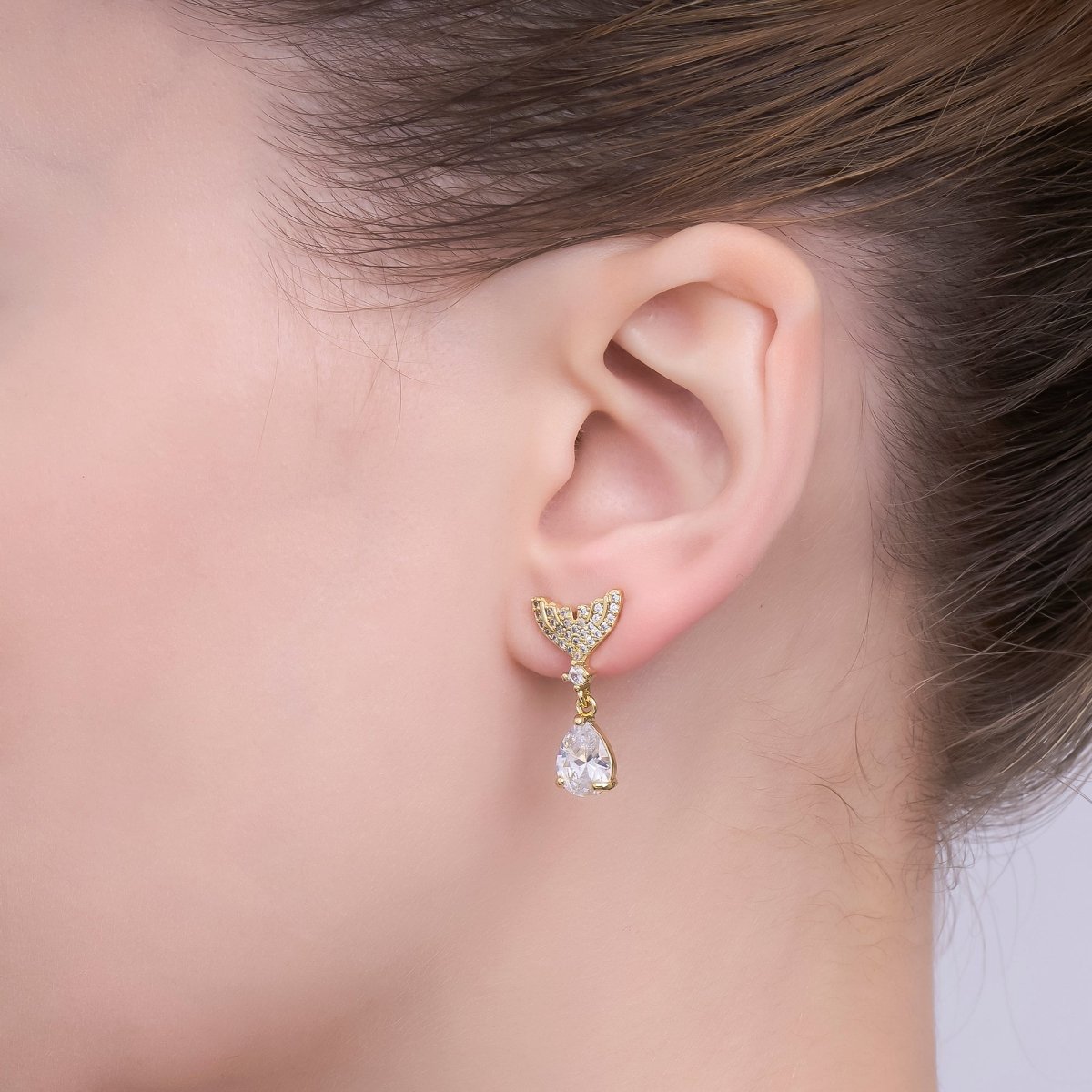 24K Gold Filled Clear Micro Paved CZ Fish Tail Drop Stud Earrings | T477 - DLUXCA