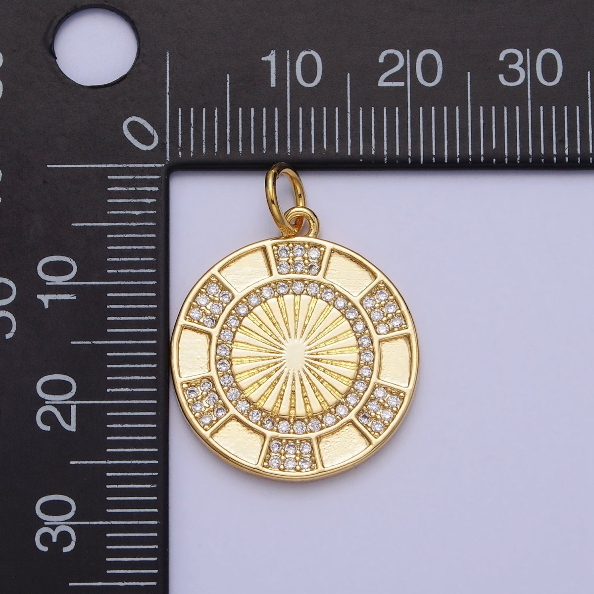 24K Gold Filled Clear Micro Paved CZ Round Sunburst Medallion Charm | AC369 - DLUXCA