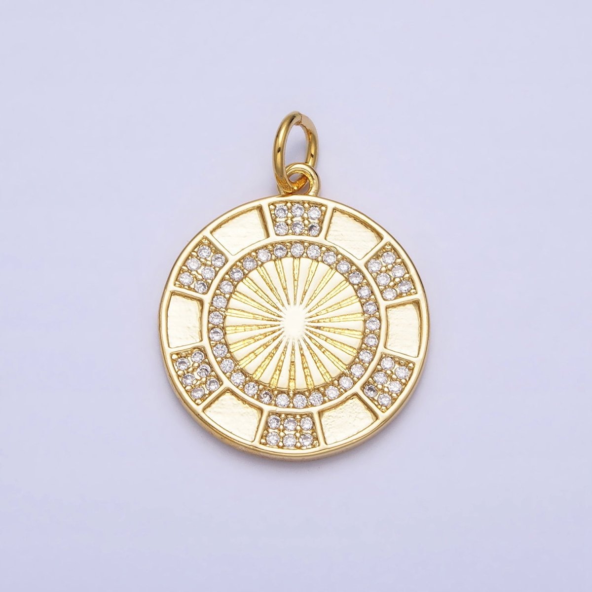 24K Gold Filled Clear Micro Paved CZ Round Sunburst Medallion Charm | AC369 - DLUXCA
