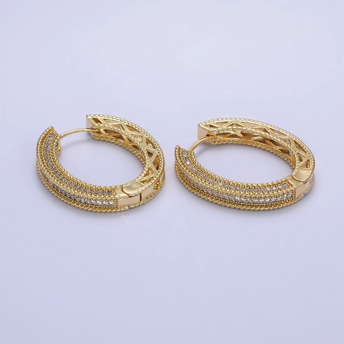 24K Gold Filled Clear Micro Paved CZ Wide Filigree Oval Hoop Earrings | AB272 - DLUXCA