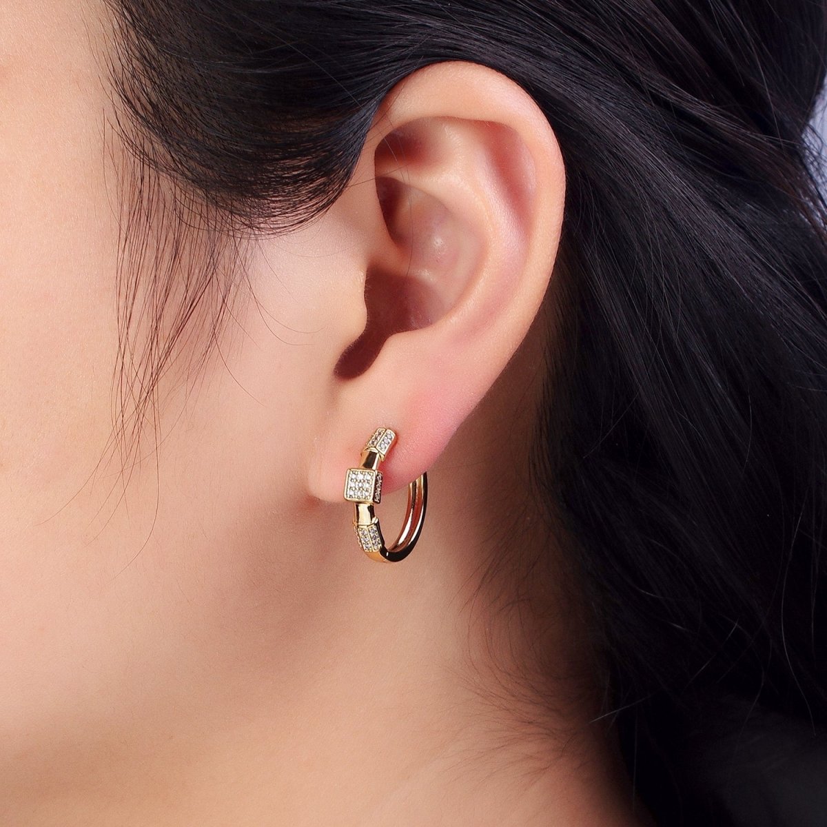 24K Gold Filled Clear Micro Paved Geometric Square Edged Bar 20mm Hoop Earrings | AB311 - DLUXCA