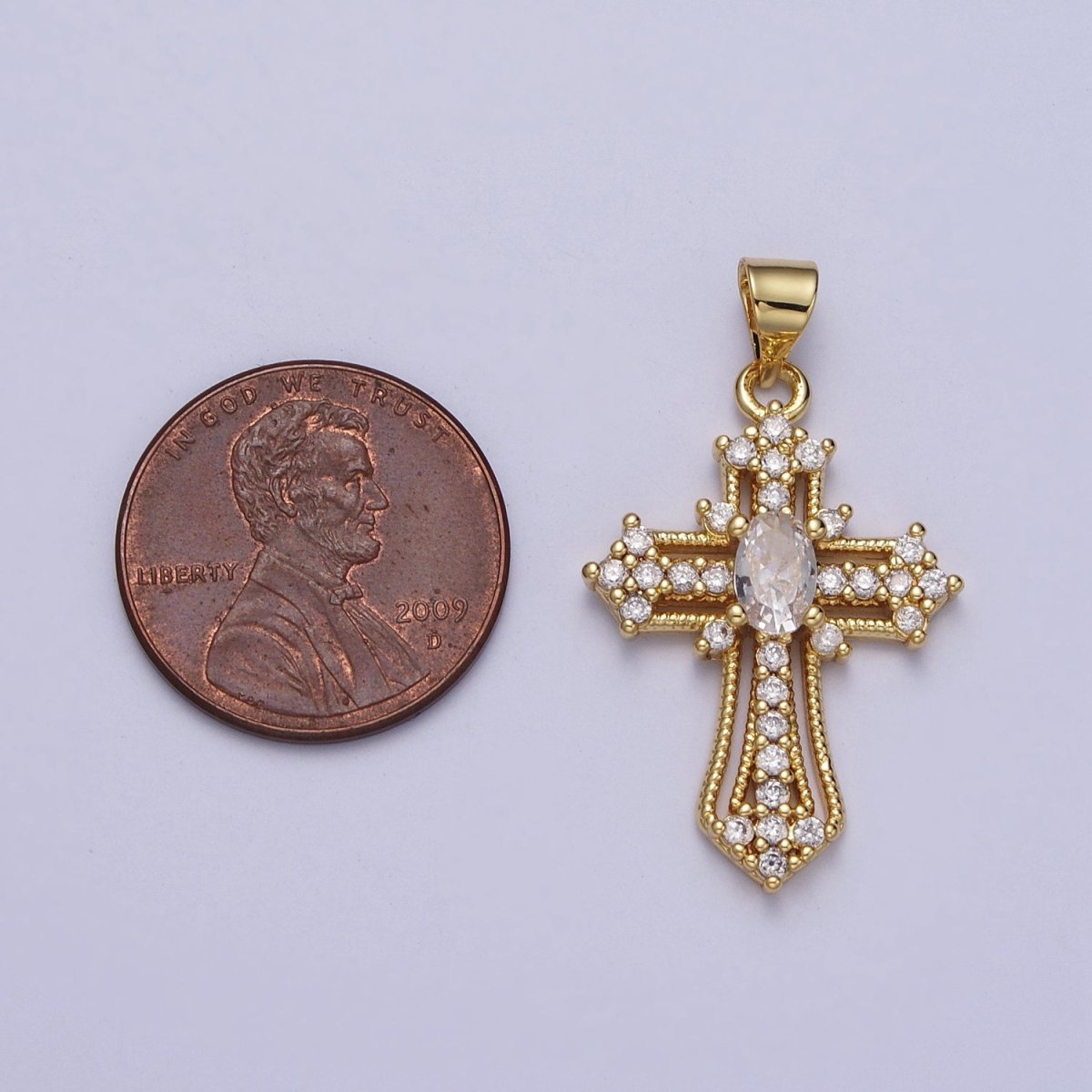 24K Gold Filled Clear, Multicolor Micro Paved Oval CZ Passion Cross Religious Pendant | X-504 X-505