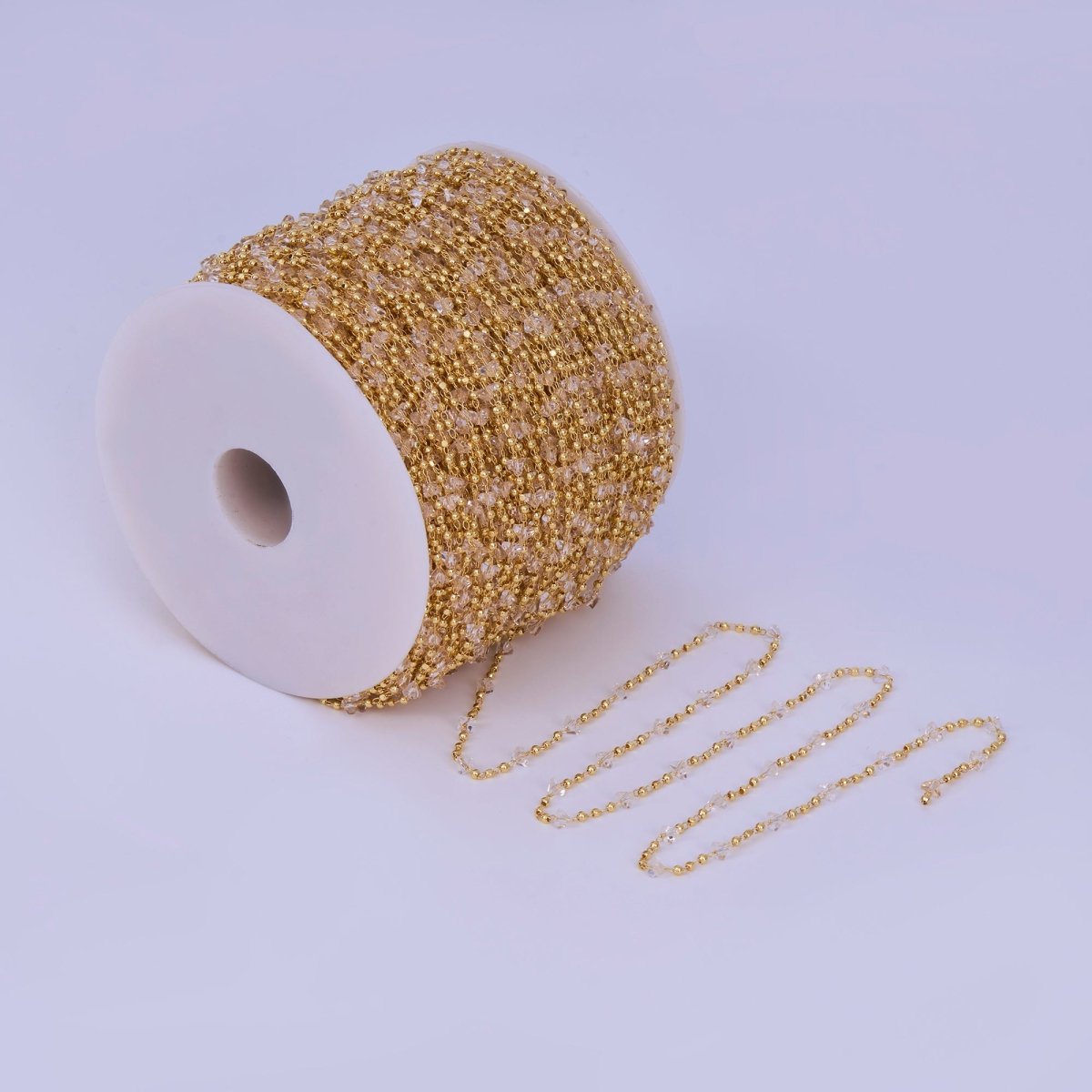 24K Gold Filled Clear Multifaceted Crystal Bead Ball Unfinished Chain by Yard | Roll - 1657 - DLUXCA