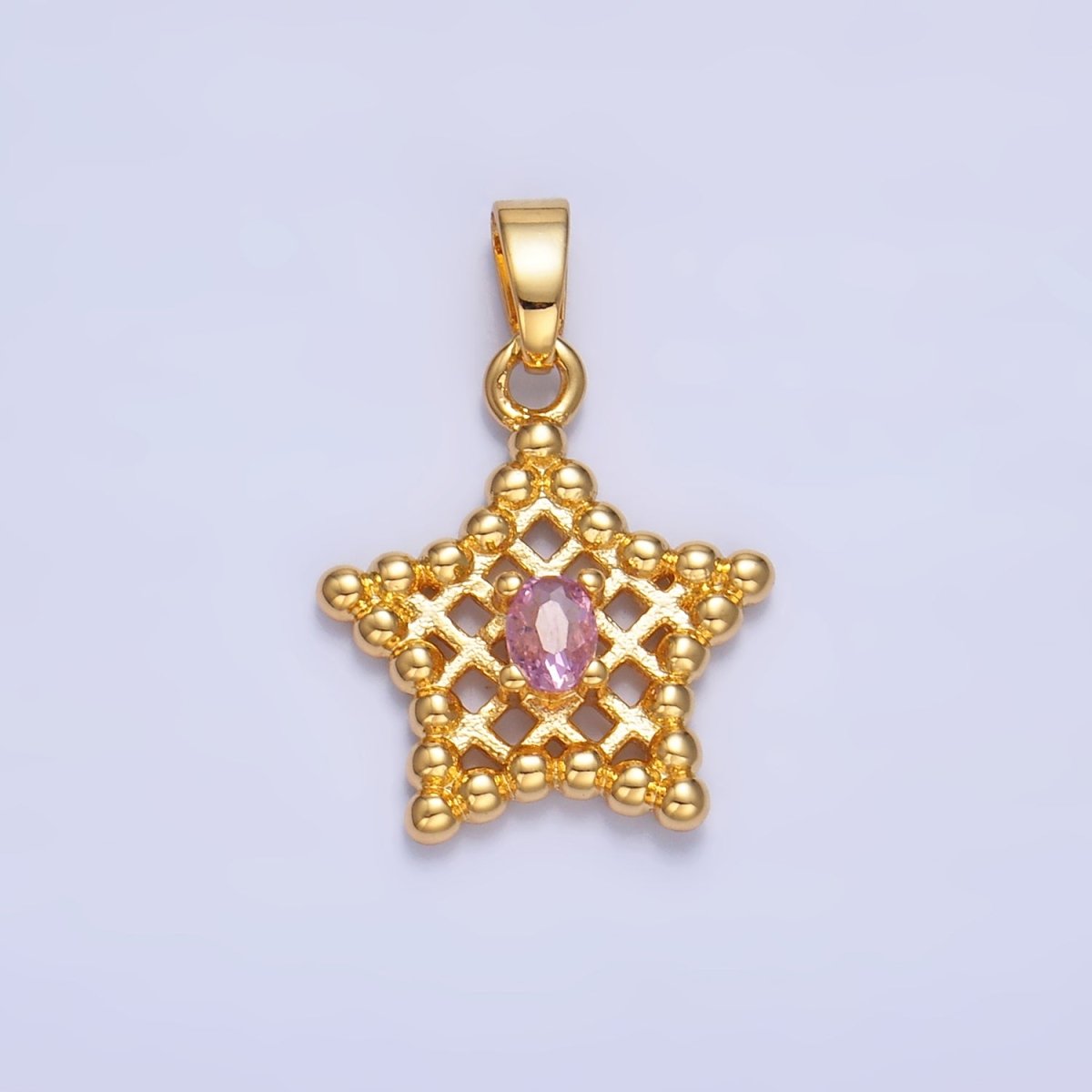 24K Gold Filled Clear, Pink CZ Beaded Ball Celestial Star Pendant in Gold & Silver | AA1429 AA1430