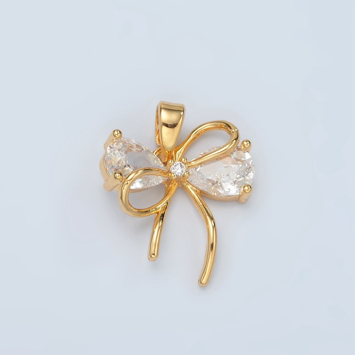 24K Gold Filled Clear, Pink CZ Bow Ribbon Pendant | H859