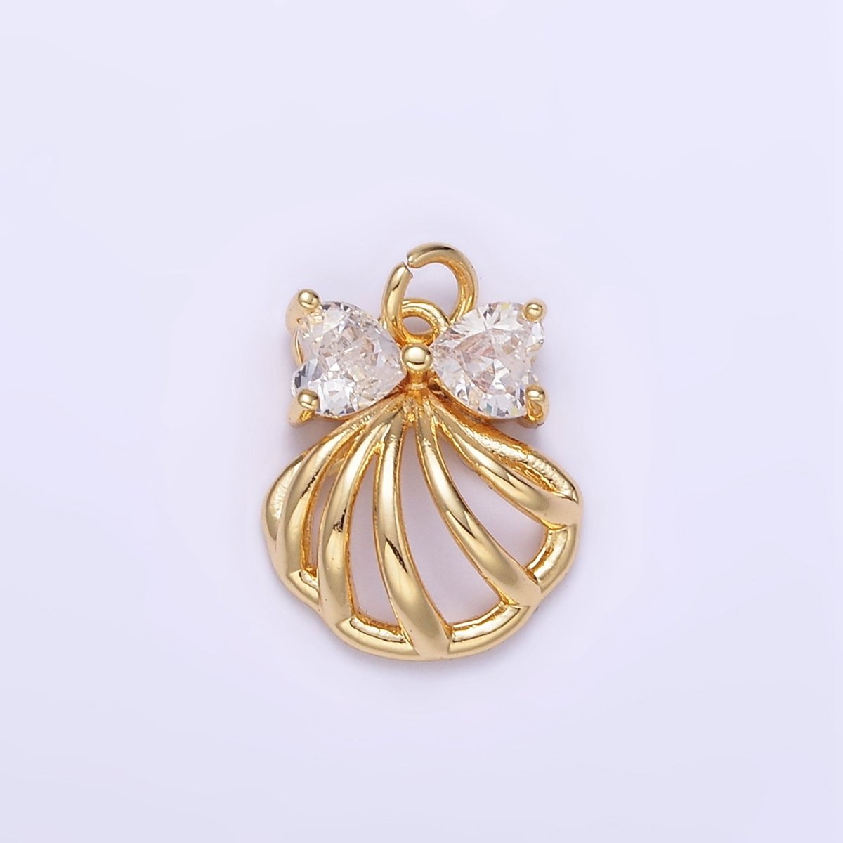 24K Gold Filled Clear, Pink CZ Heart Bow Clam Sea Shell Open Charm | AG851