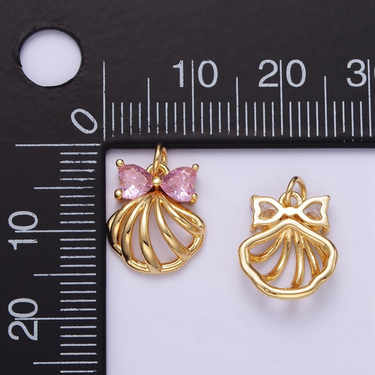 24K Gold Filled Clear, Pink CZ Heart Bow Clam Sea Shell Open Charm | AG851