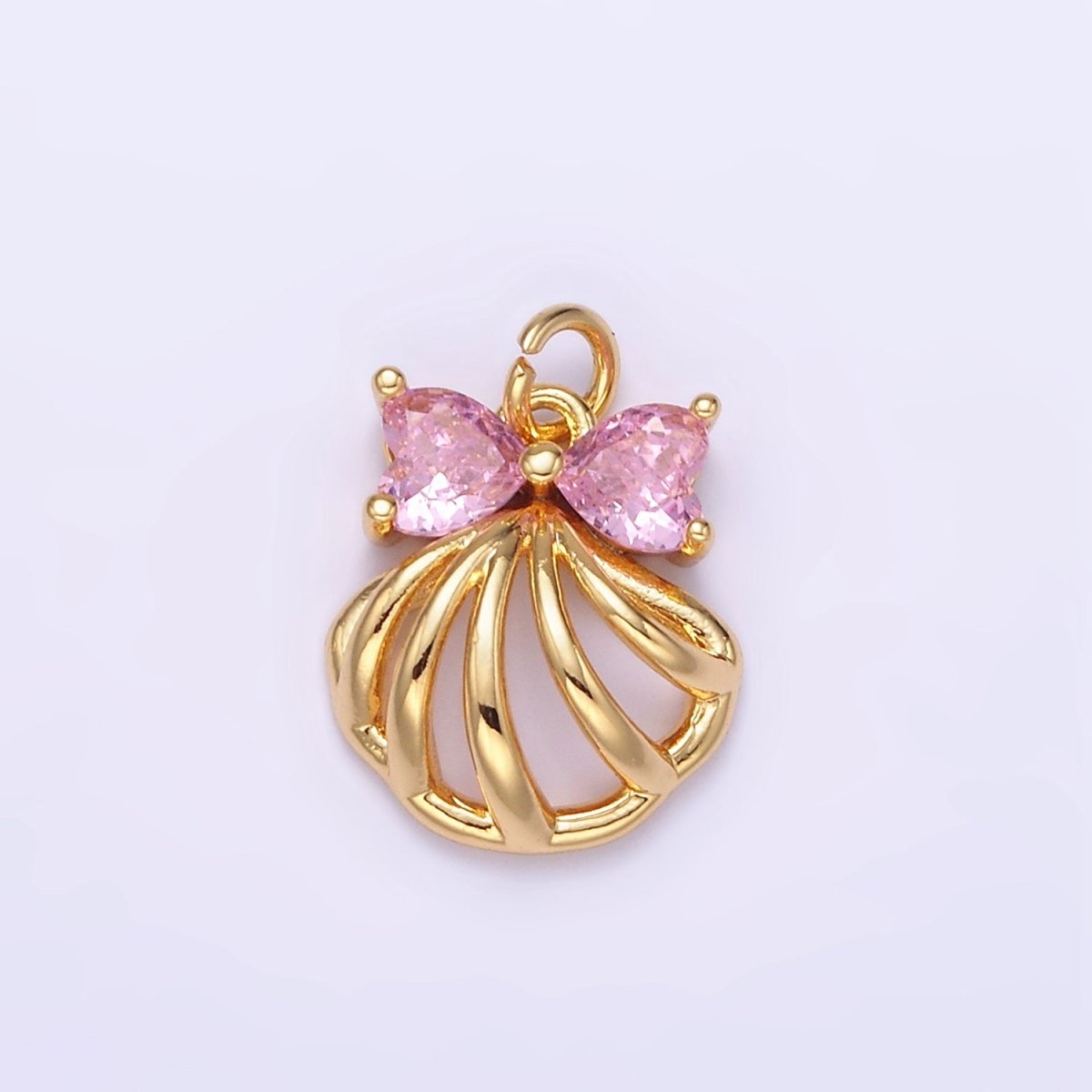 24K Gold Filled Clear, Pink CZ Heart Bow Clam Sea Shell Open Charm | AG851