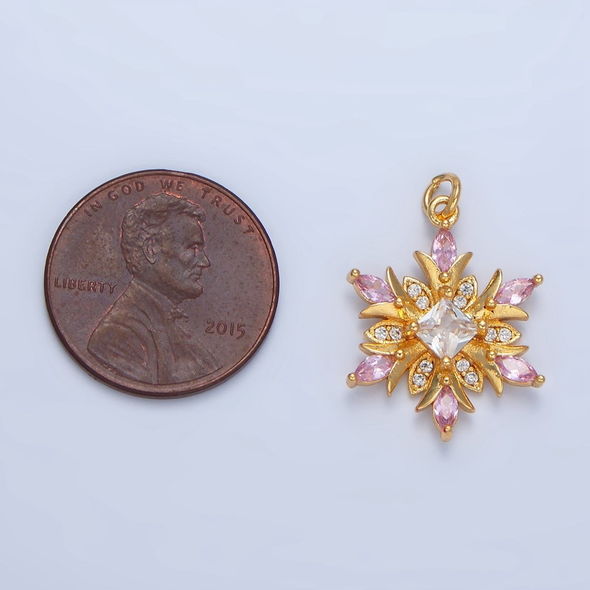 24K Gold Filled Clear, Pink CZ Micro Paved Flower Charm | W081