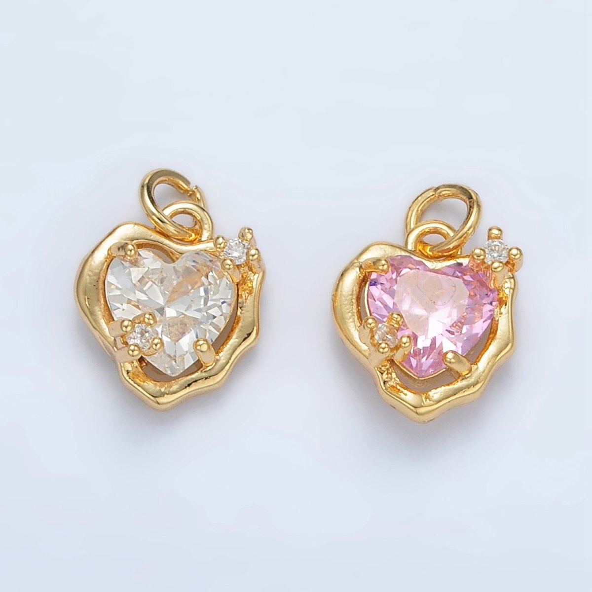 24K Gold Filled Clear, Pink CZ Molten Bezel Heart Mini Charm | AC129