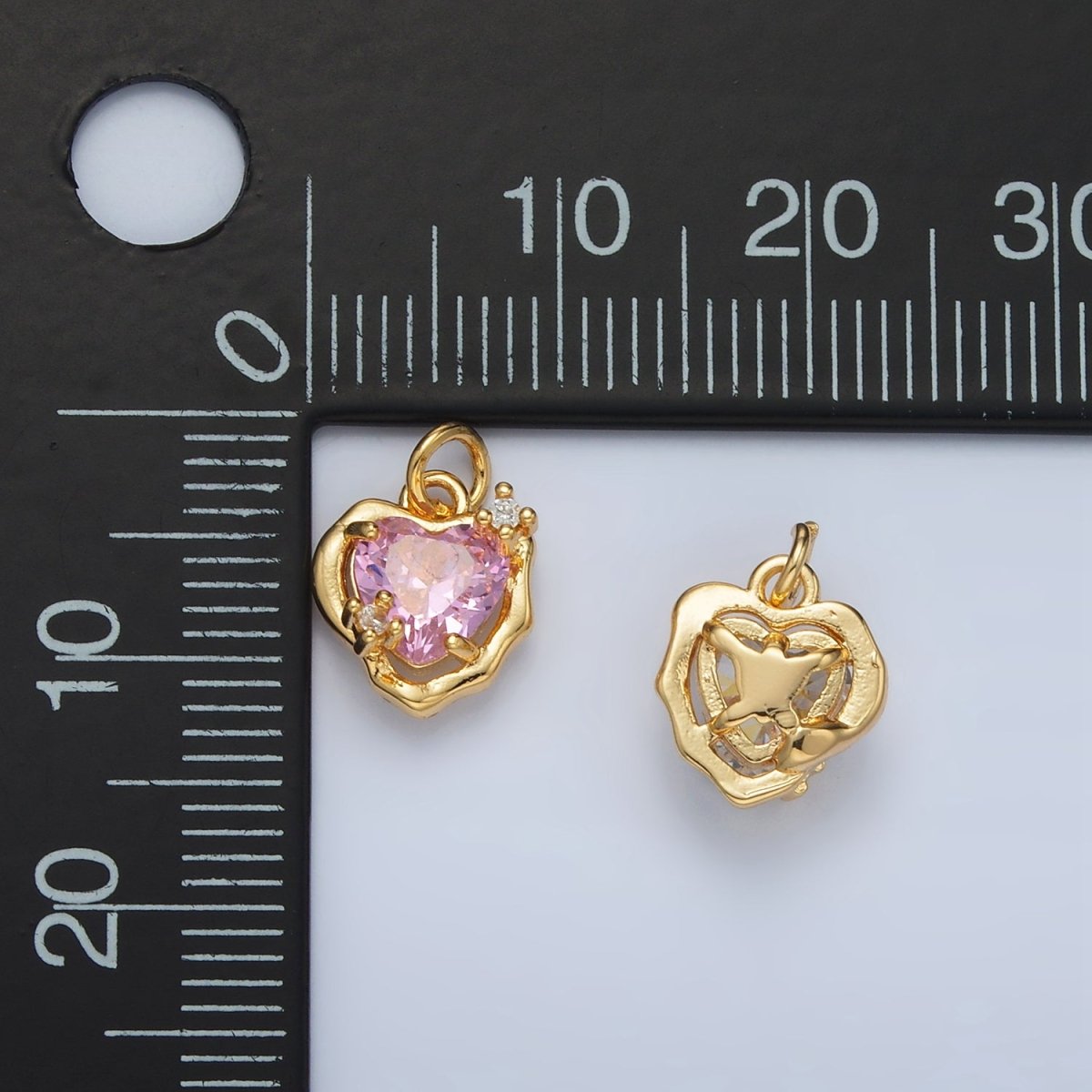 24K Gold Filled Clear, Pink CZ Molten Bezel Heart Mini Charm | AC129