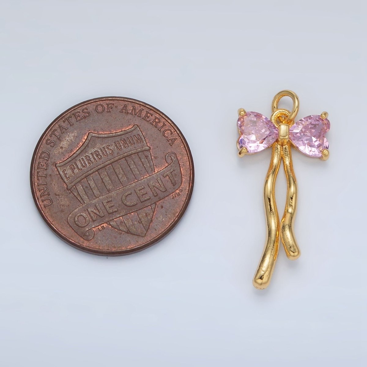 24K Gold Filled Clear, Pink CZ Ribbon Bow Drop Mini Charm | AC101