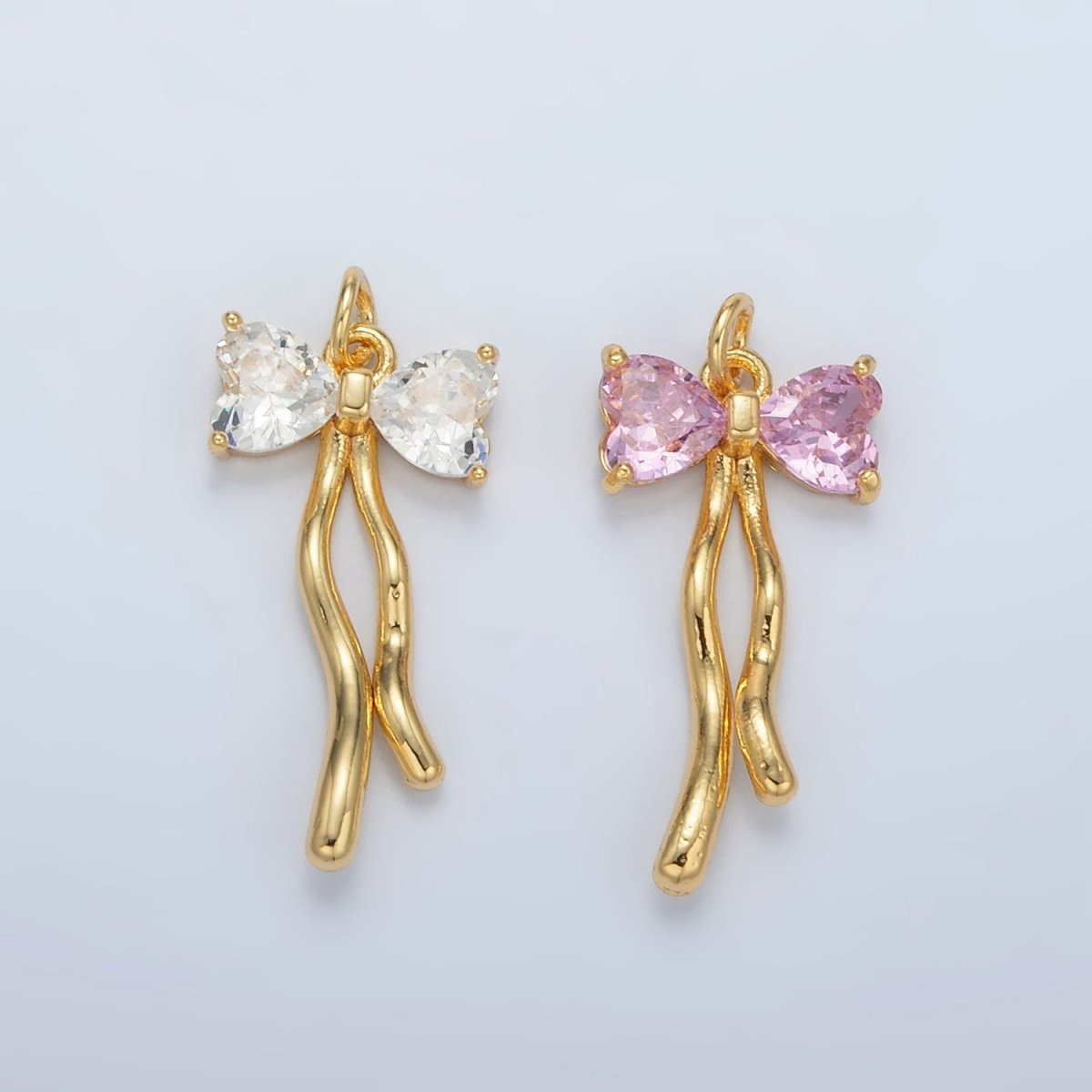 24K Gold Filled Clear, Pink CZ Ribbon Bow Drop Mini Charm | AC101