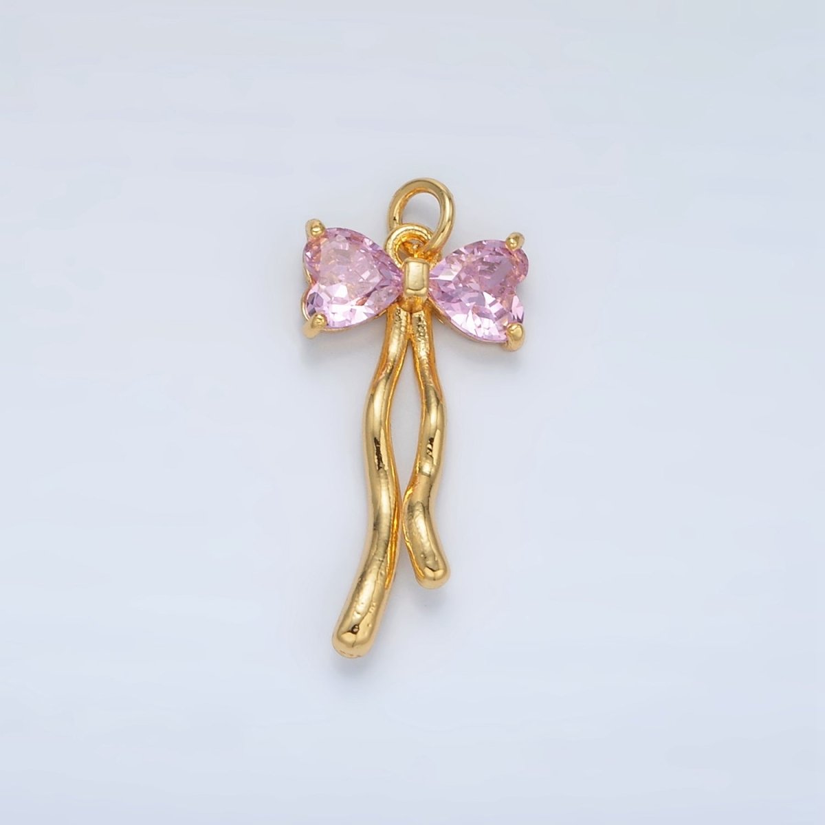 24K Gold Filled Clear, Pink CZ Ribbon Bow Drop Mini Charm | AC101