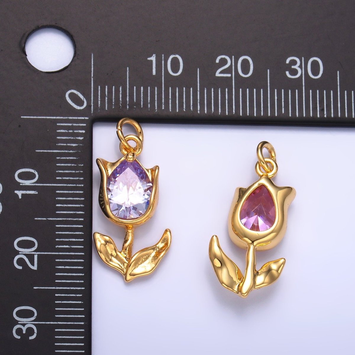24K Gold Filled Clear, Pink CZ Tulip Charm in Gold & Silver | W819 W820 M182