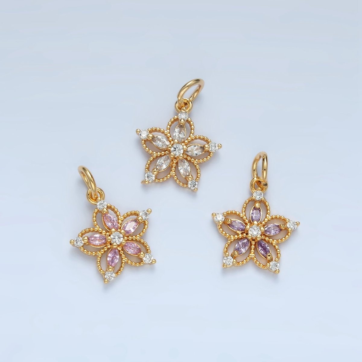 24K Gold Filled Clear, Pink, Purple CZ Marquise Open Flower Charm | N1378