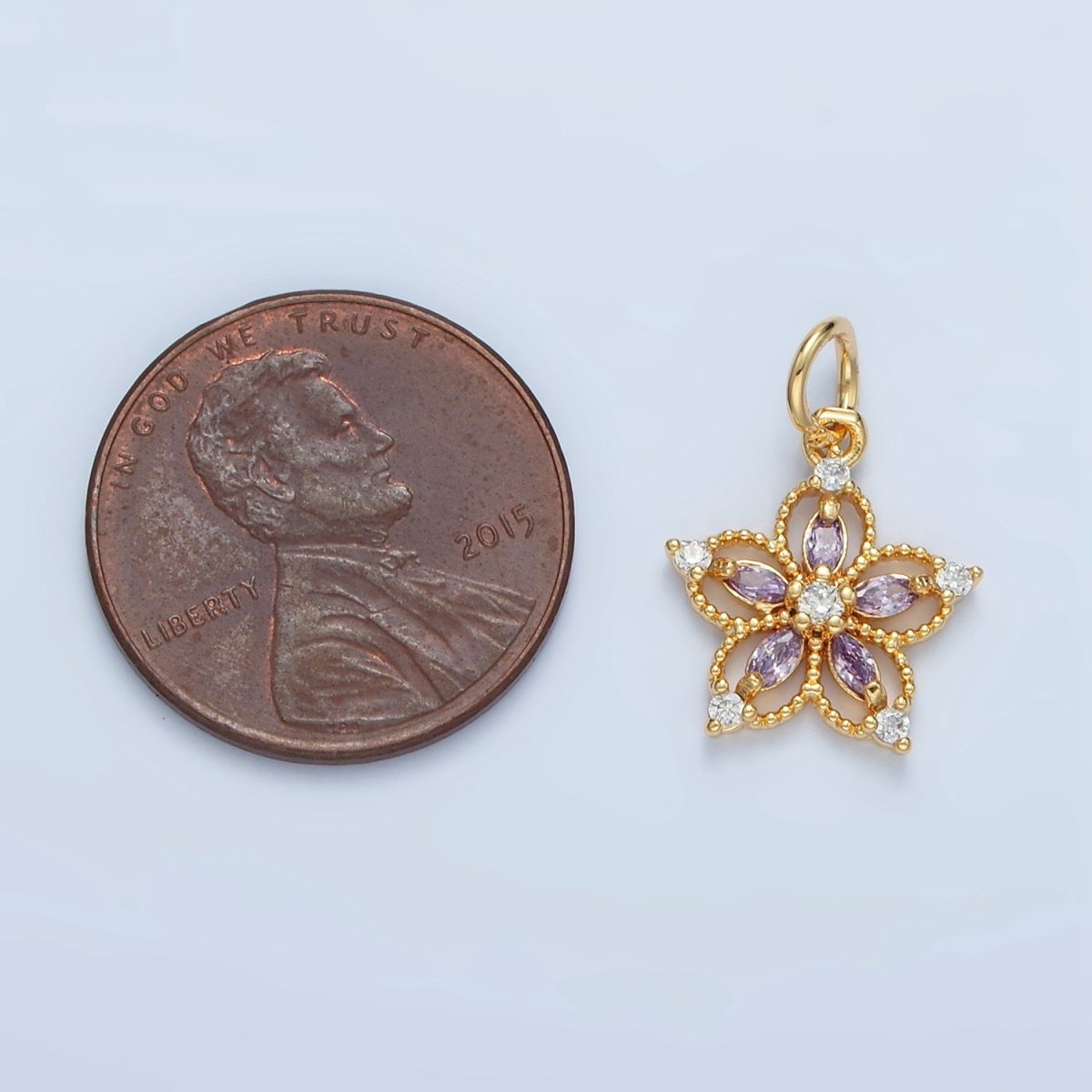 24K Gold Filled Clear, Pink, Purple CZ Marquise Open Flower Charm | N1378