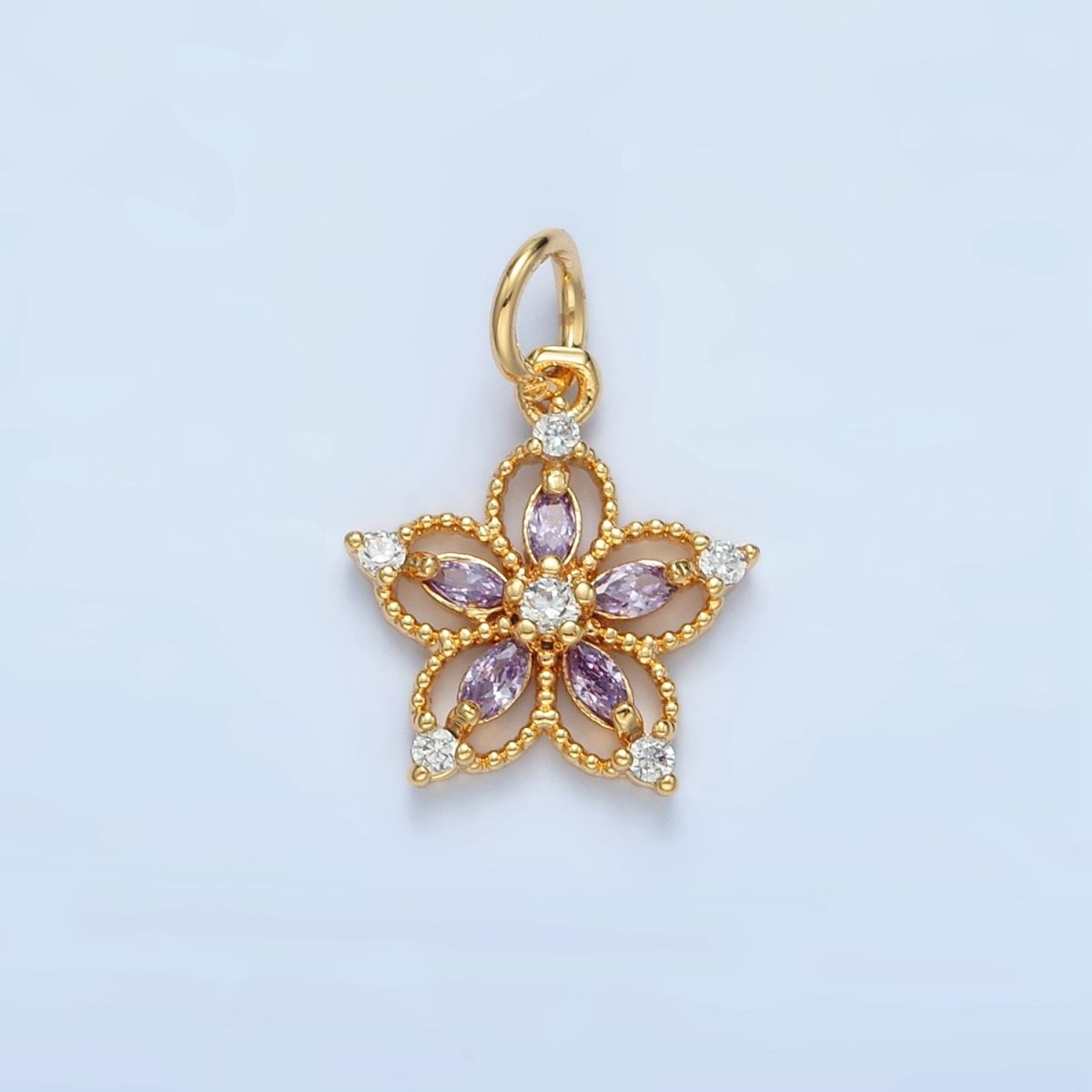 24K Gold Filled Clear, Pink, Purple CZ Marquise Open Flower Charm | N1378