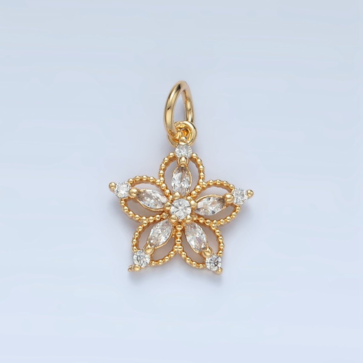 24K Gold Filled Clear, Pink, Purple CZ Marquise Open Flower Charm | N1378