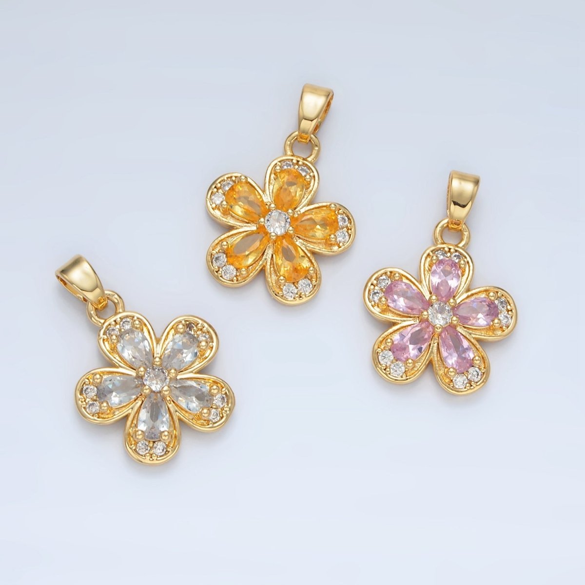 24K Gold Filled Clear, Pink, Yellow CZ Flower Pendant | AA877 AA878