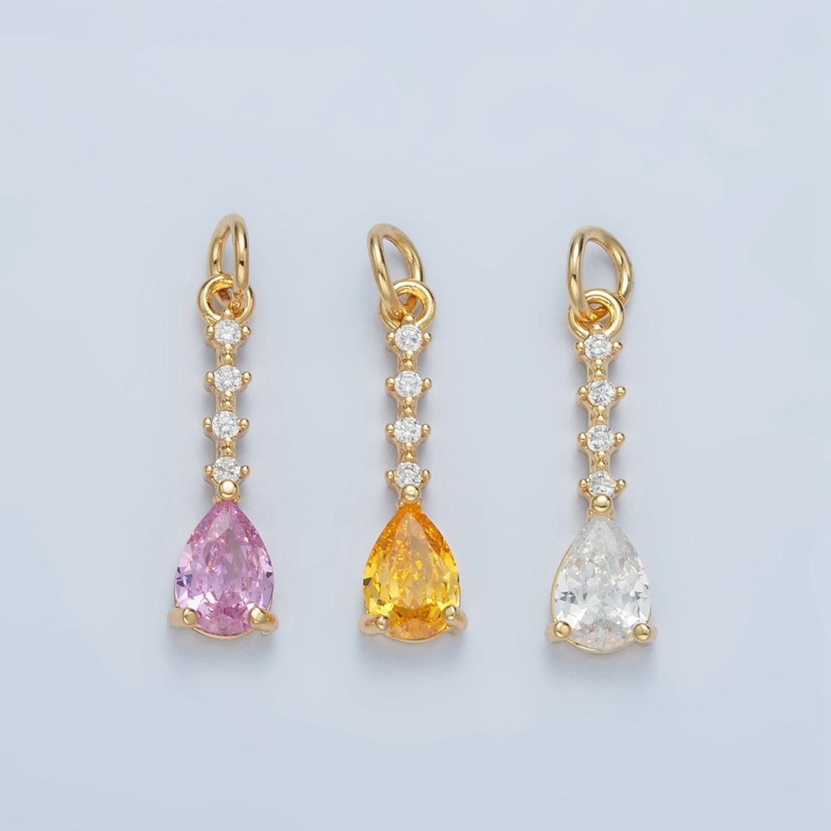 24K Gold Filled Clear, Pink, Yellow Teardrop CZ Linear Drop Charm | X557 X558