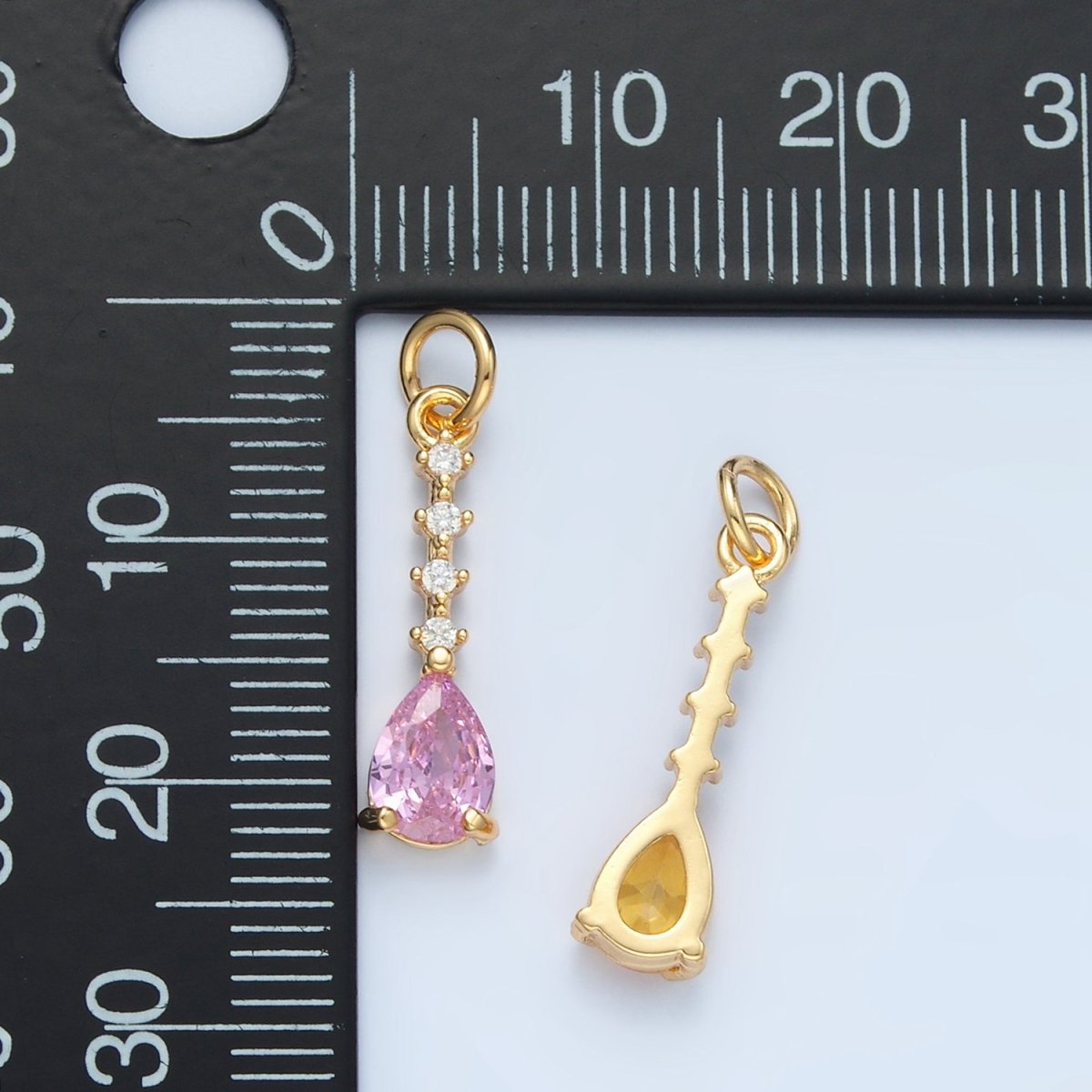 24K Gold Filled Clear, Pink, Yellow Teardrop CZ Linear Drop Charm | X557 X558