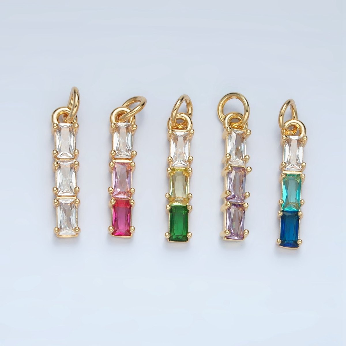 24K Gold Filled Clear, Purple, Green, Pink, Blue Gradient Triple Baguette CZ Linear Charm | X570 - X572