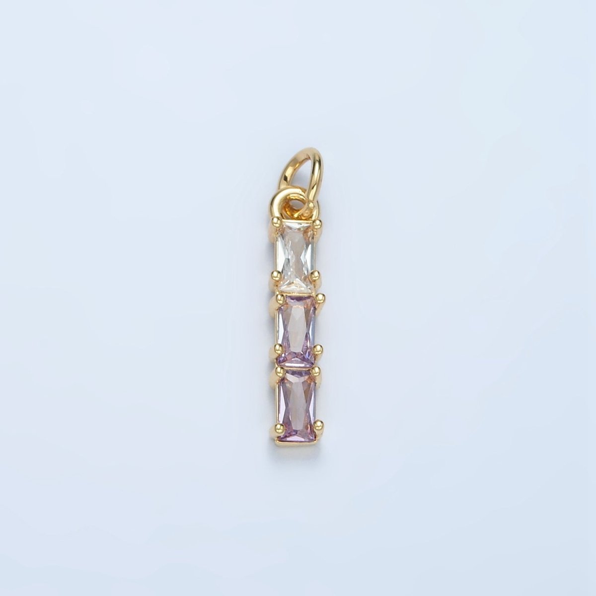 24K Gold Filled Clear, Purple, Green, Pink, Blue Gradient Triple Baguette CZ Linear Charm | X570 - X572