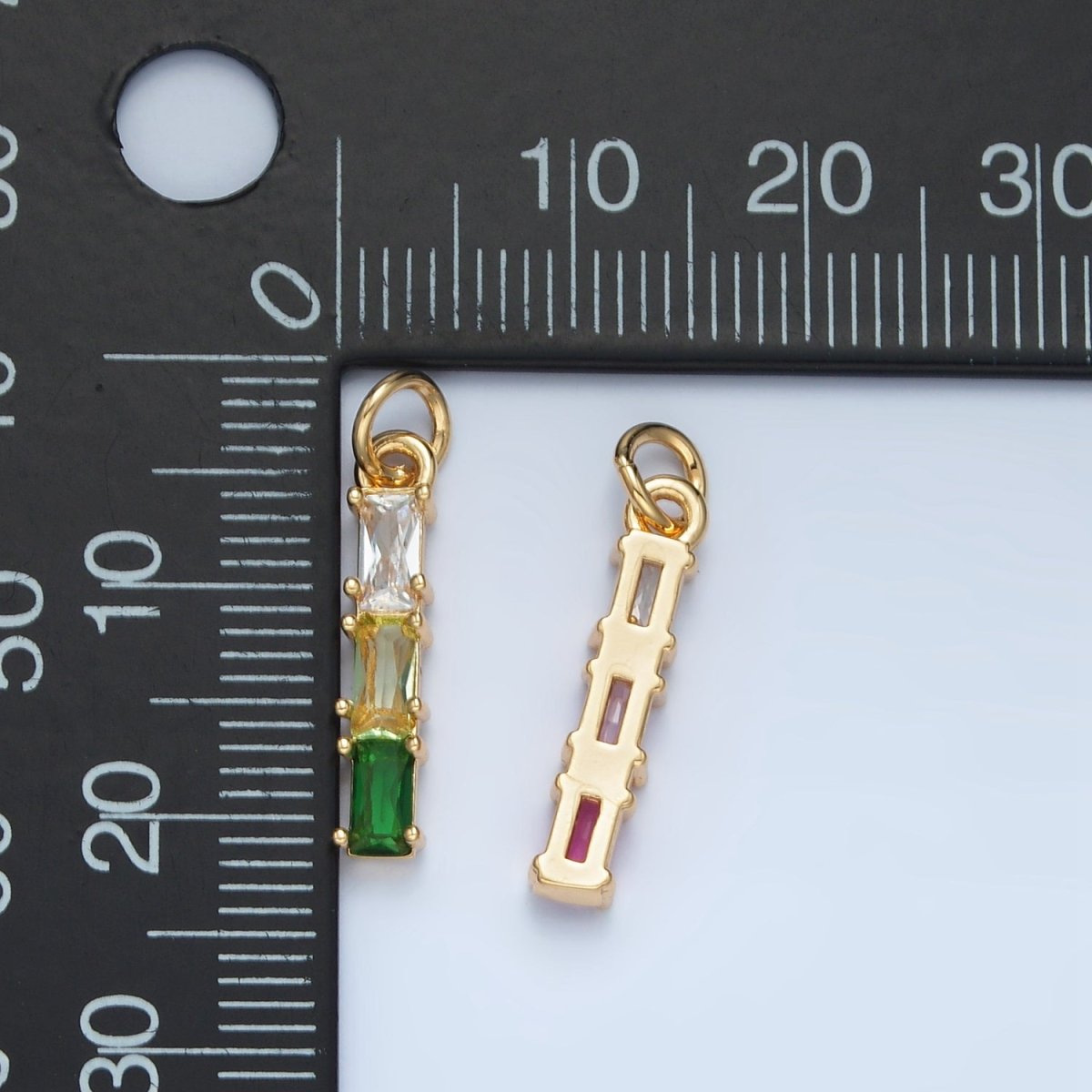 24K Gold Filled Clear, Purple, Green, Pink, Blue Gradient Triple Baguette CZ Linear Charm | X570 - X572