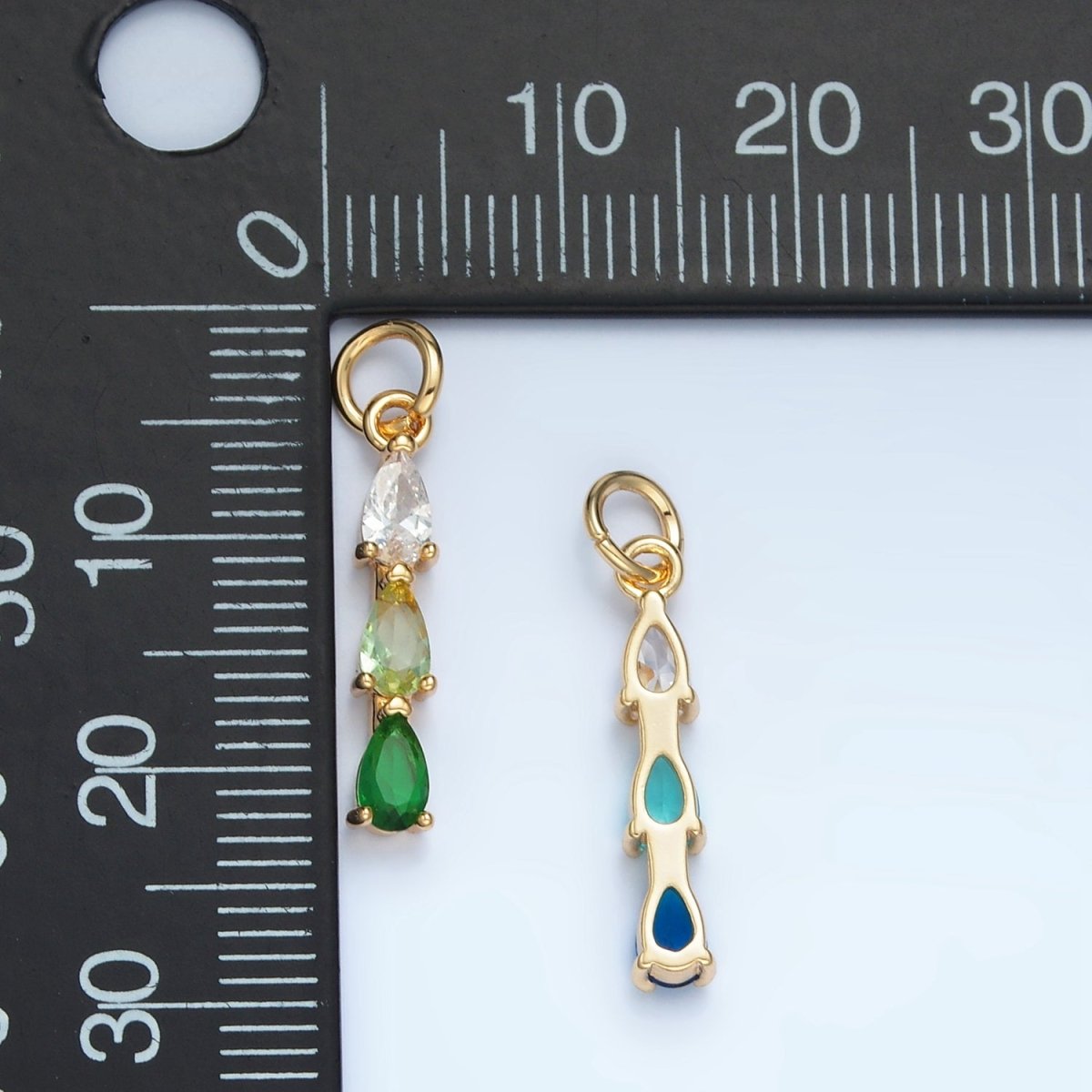 24K Gold Filled Clear, Purple, Green, Pink, Blue Gradient Triple Teardrop CZ Linear Charm | X573 - X575