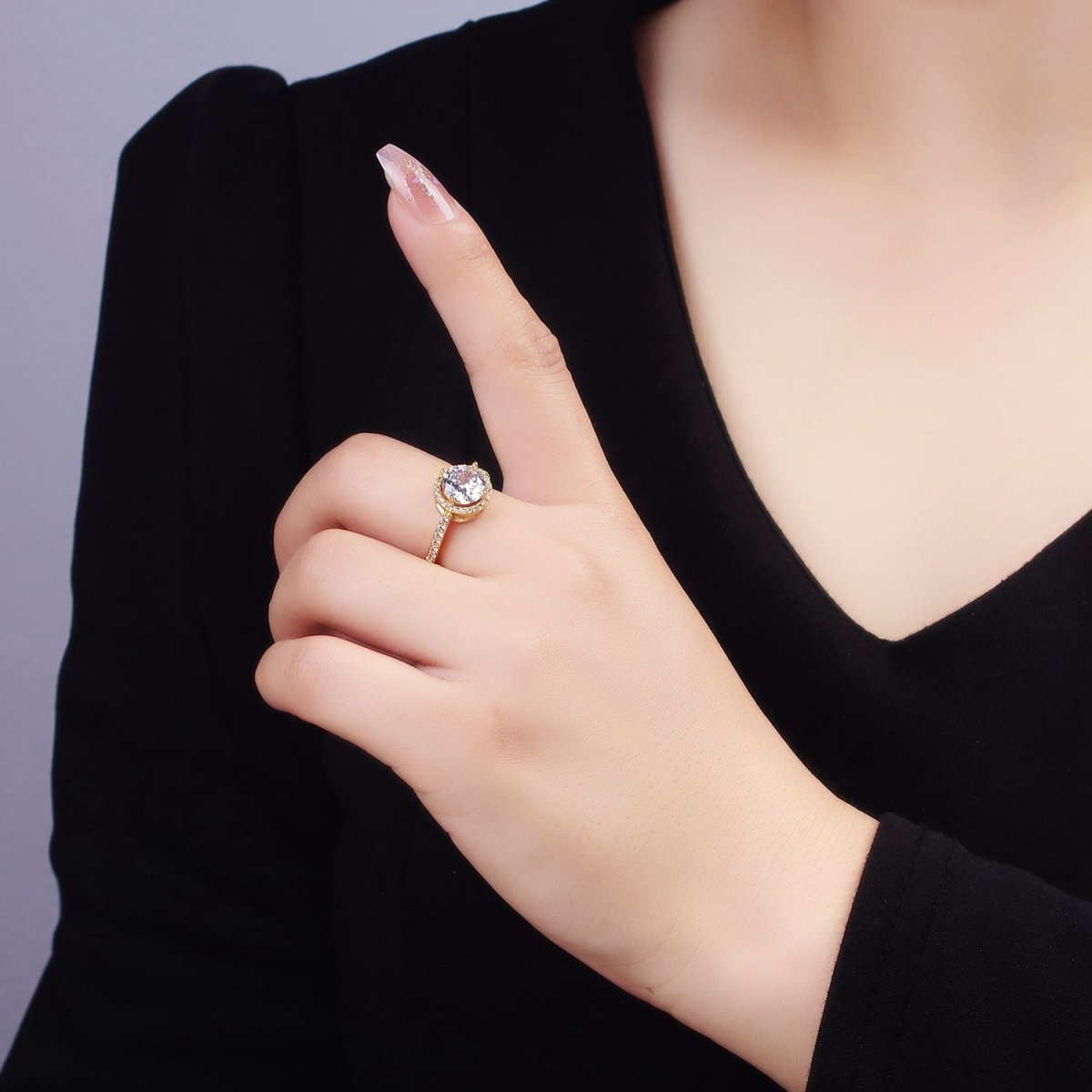 24K Gold Filled Clear, Purple, Pink, Black, Red Solitaire CZ Micro Paved Ring | O1368 - O1372