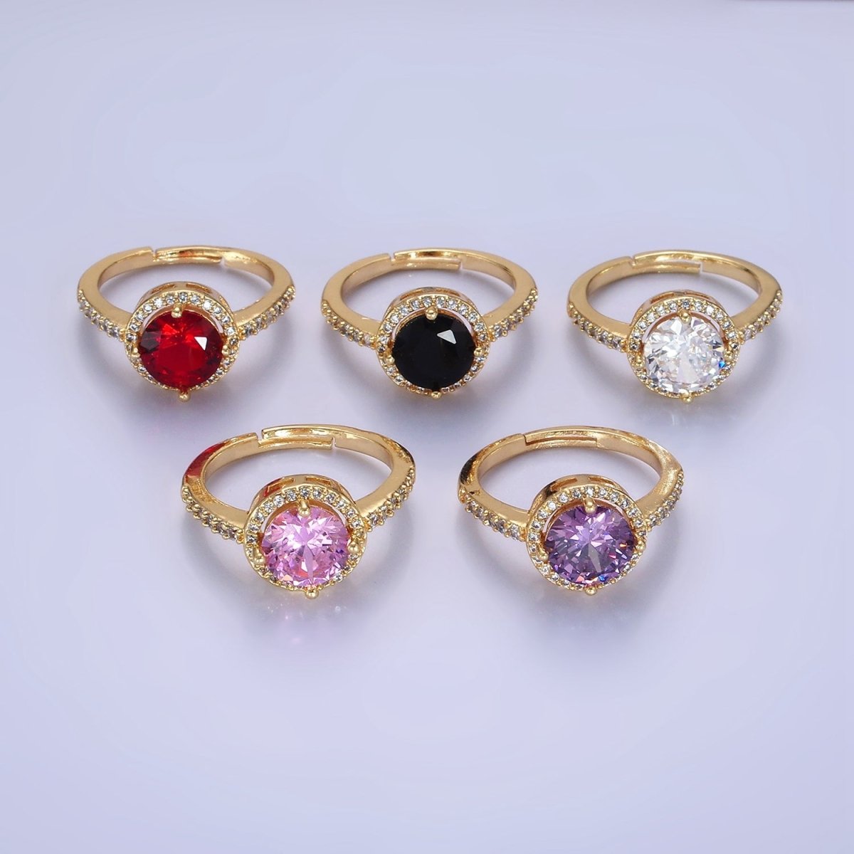 24K Gold Filled Clear, Purple, Pink, Black, Red Solitaire CZ Micro Paved Ring | O1368 - O1372