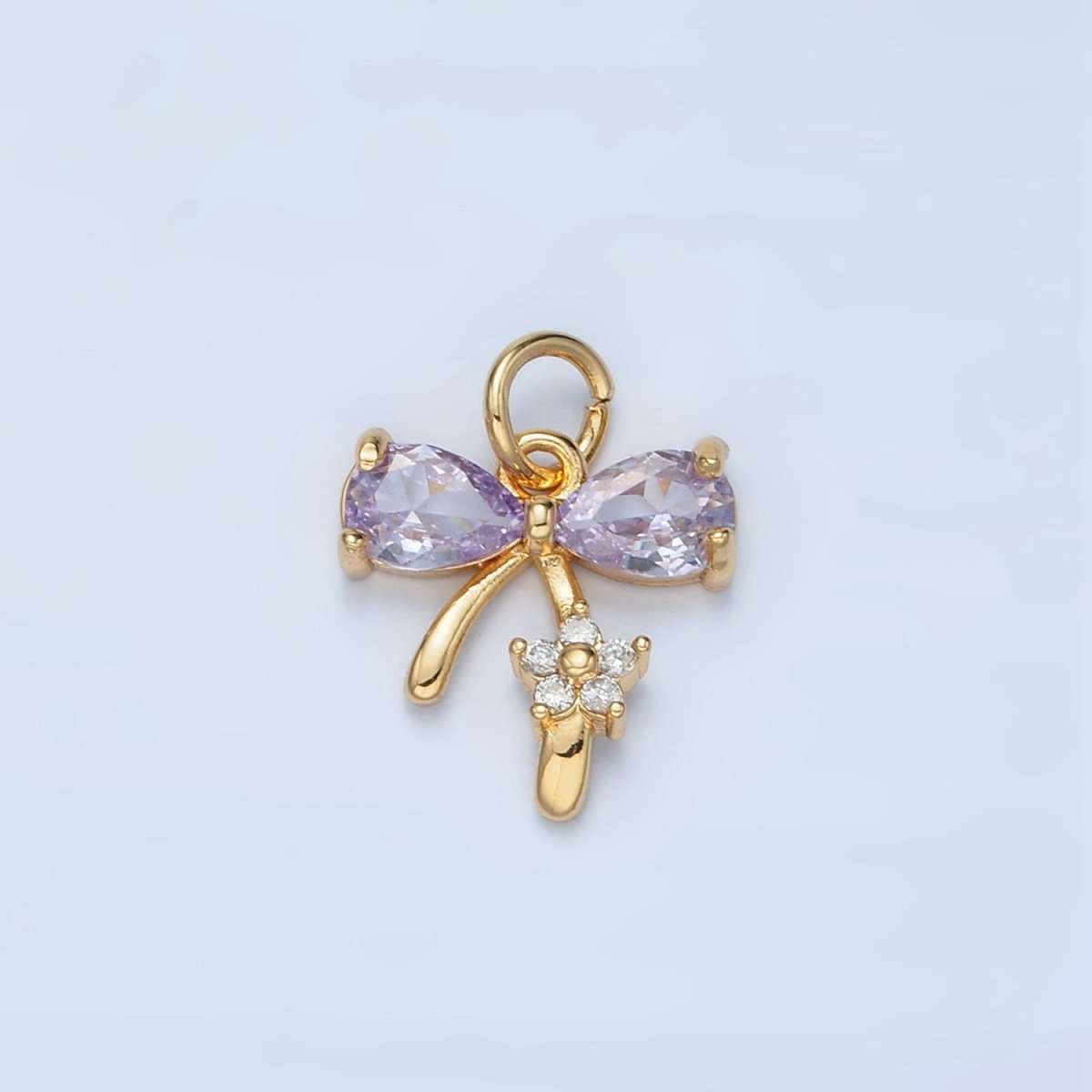 24K Gold Filled Clear, Purple, Pink CZ Ribbon Bow Flower Charm | AG891 AG892