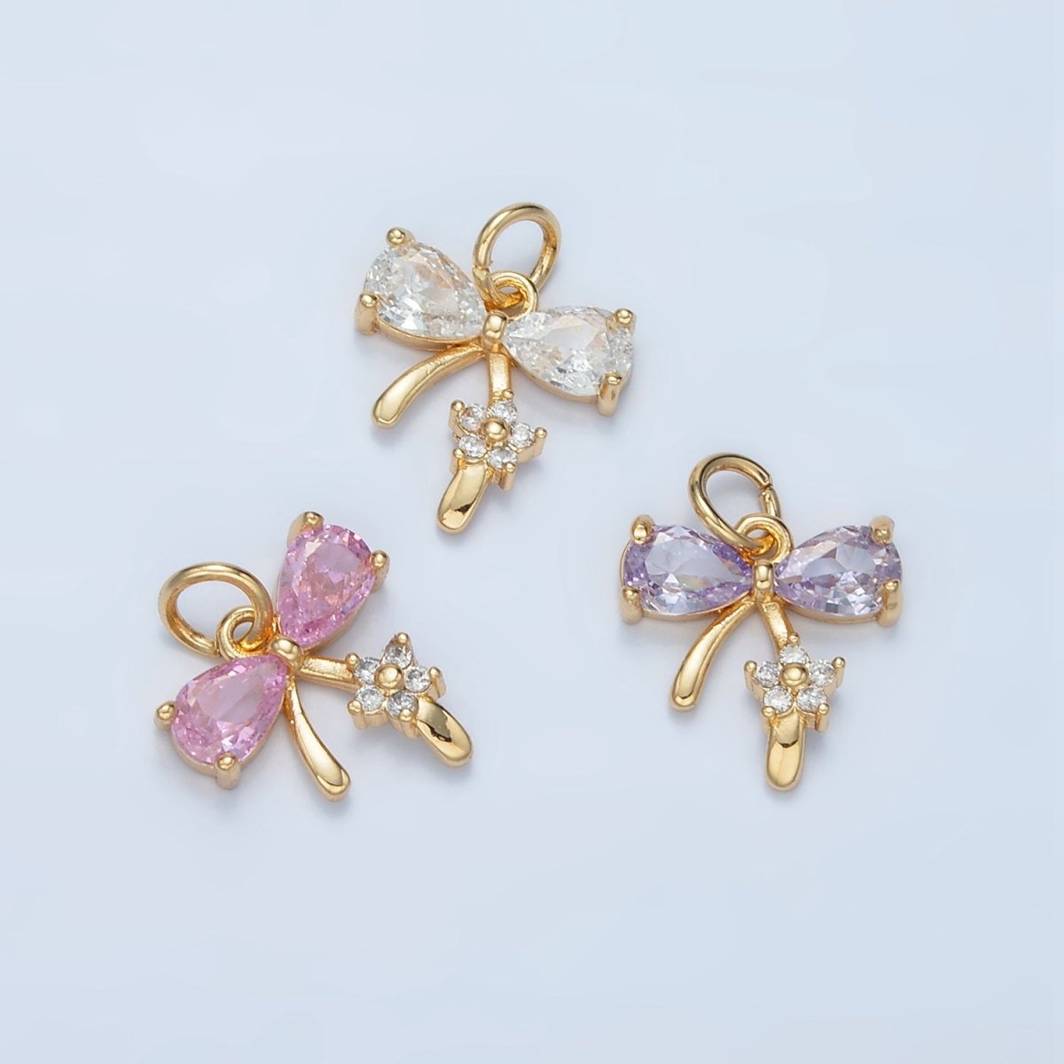 24K Gold Filled Clear, Purple, Pink CZ Ribbon Bow Flower Charm | AG891 AG892