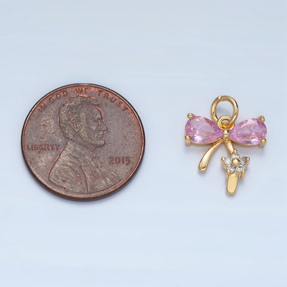 24K Gold Filled Clear, Purple, Pink CZ Ribbon Bow Flower Charm | AG891 AG892