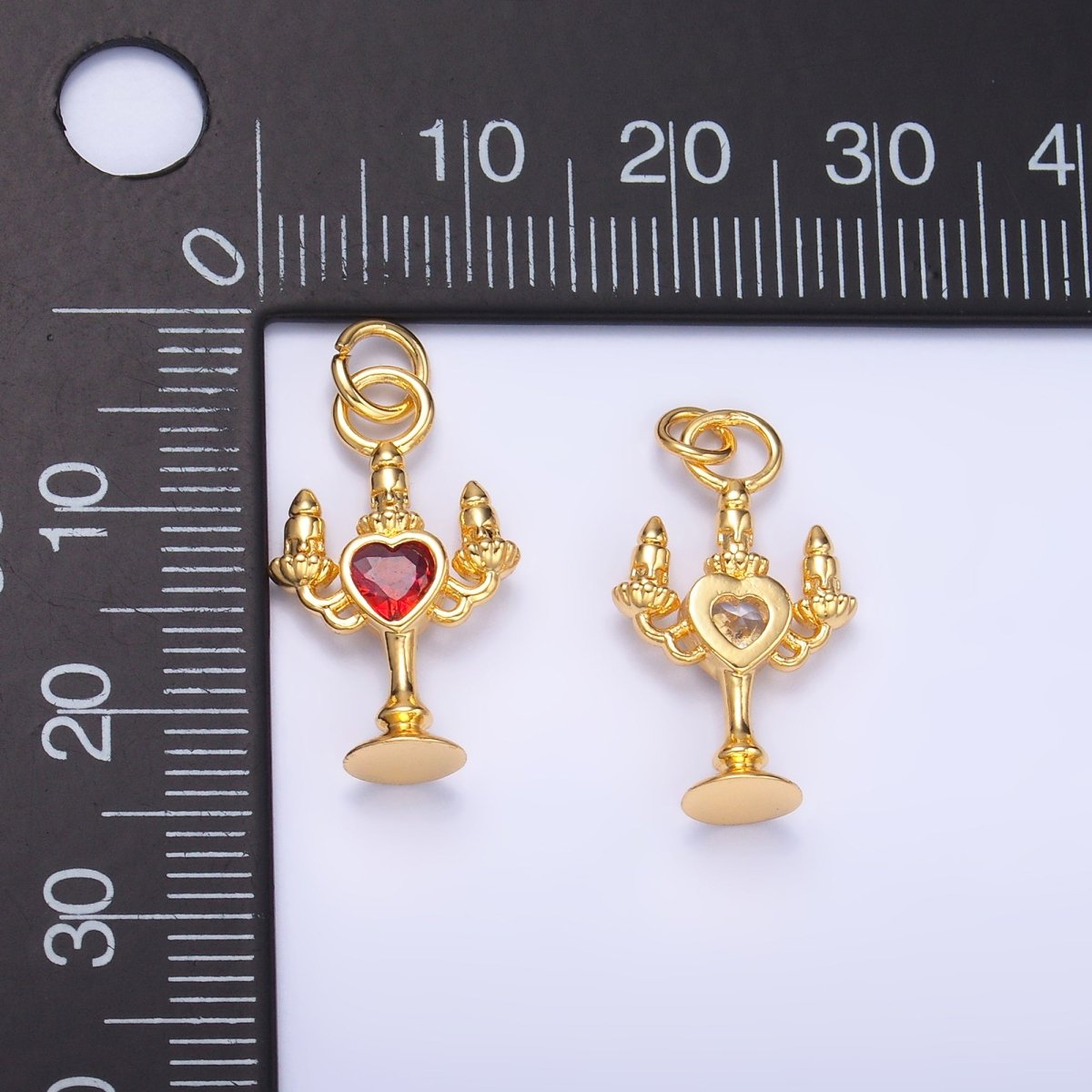 24K Gold Filled Clear, Red CZ Heart Candle Candelabrum Charm in Gold & Silver | W339
