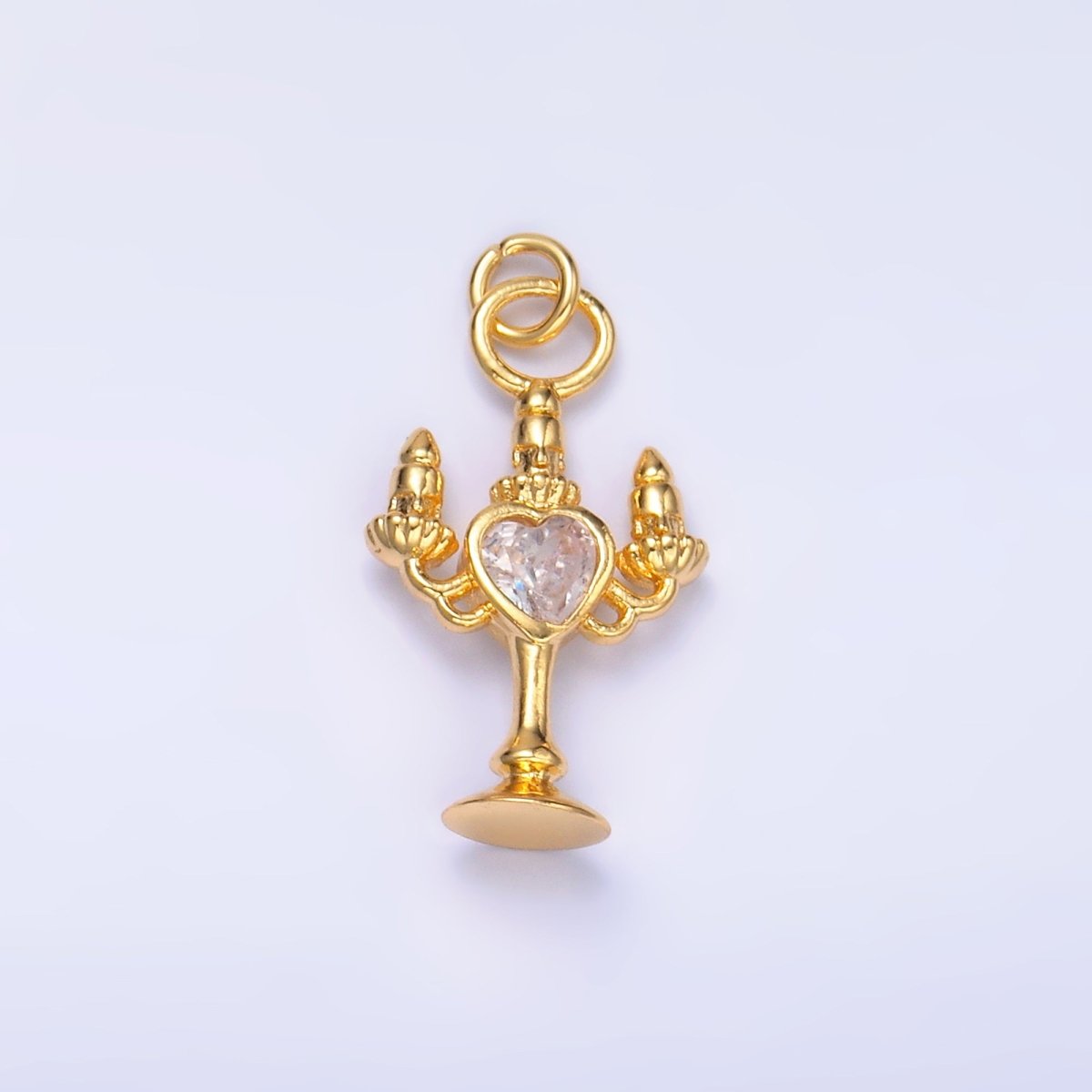 24K Gold Filled Clear, Red CZ Heart Candle Candelabrum Charm in Gold & Silver | W339