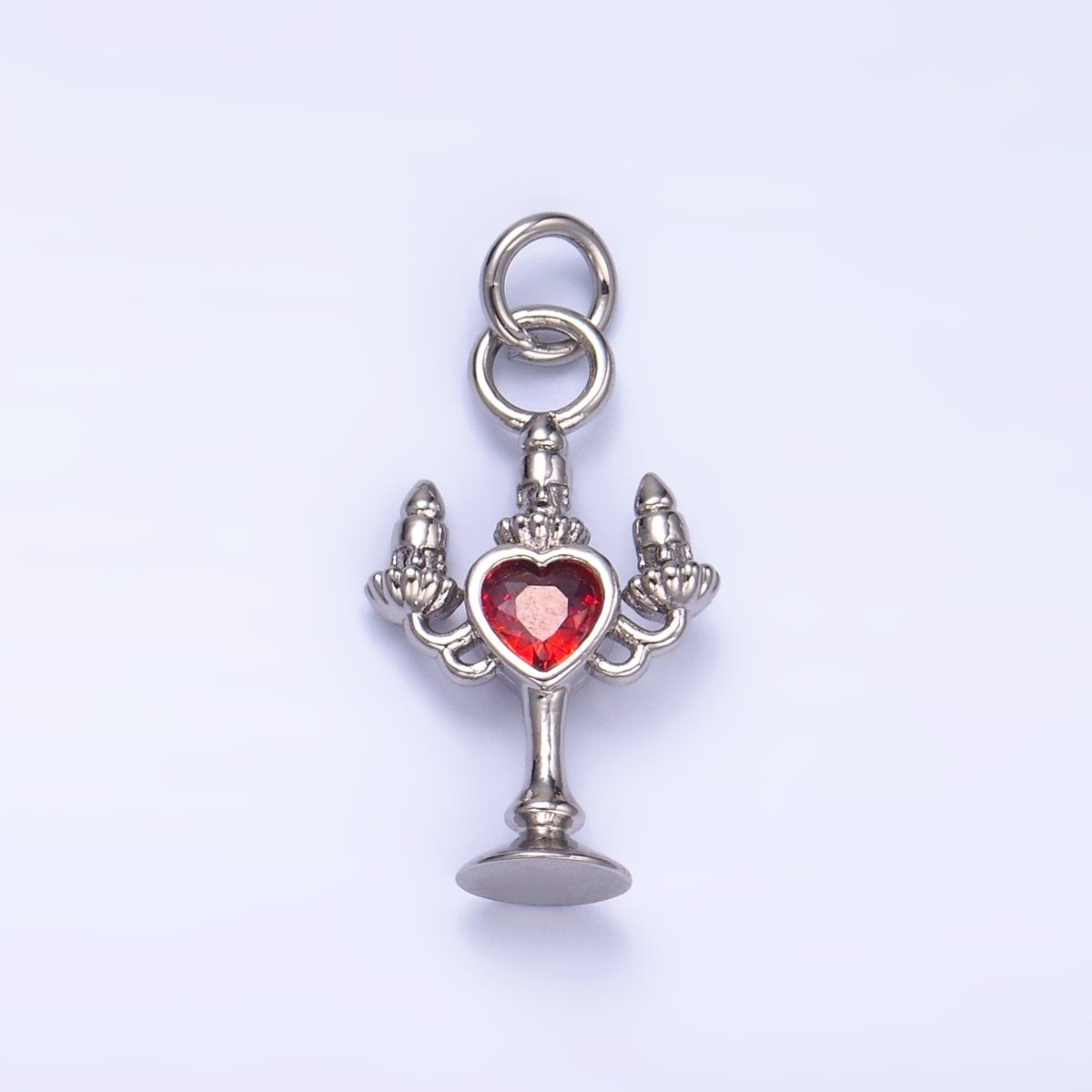 24K Gold Filled Clear, Red CZ Heart Candle Candelabrum Charm in Gold & Silver | W339