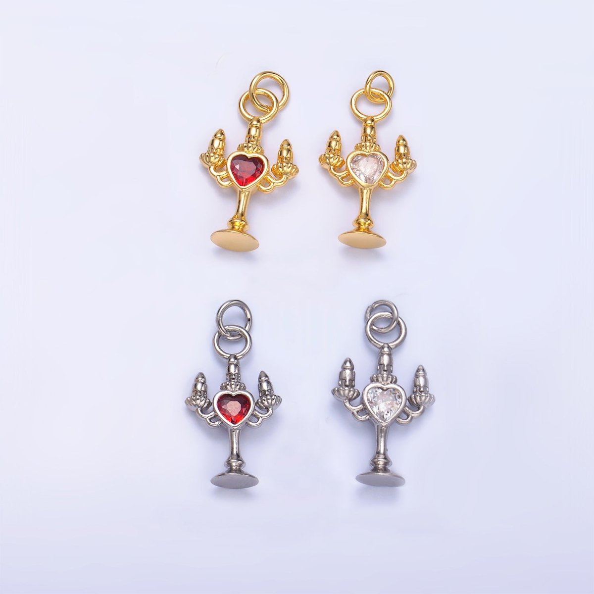 24K Gold Filled Clear, Red CZ Heart Candle Candelabrum Charm in Gold & Silver | W339